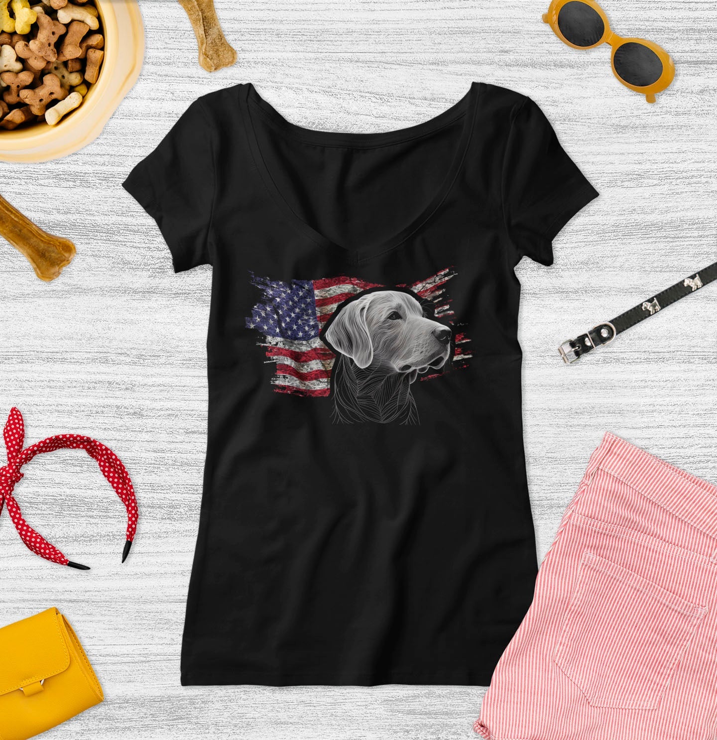 Patriotic Flat-Coated Retriever American Flag - Women's V-Neck T-Shirt