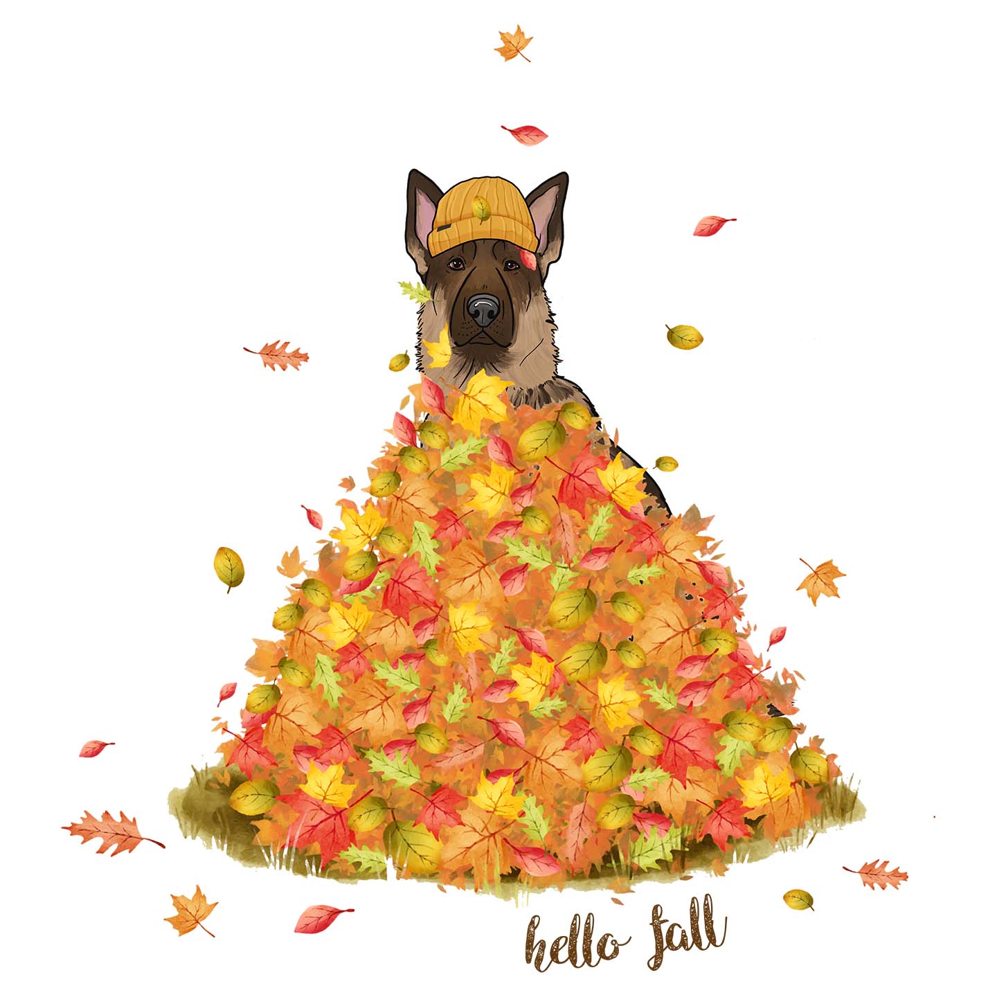 Leaf Pile and German Shepherd - Adult Unisex Long Sleeve T-Shirt