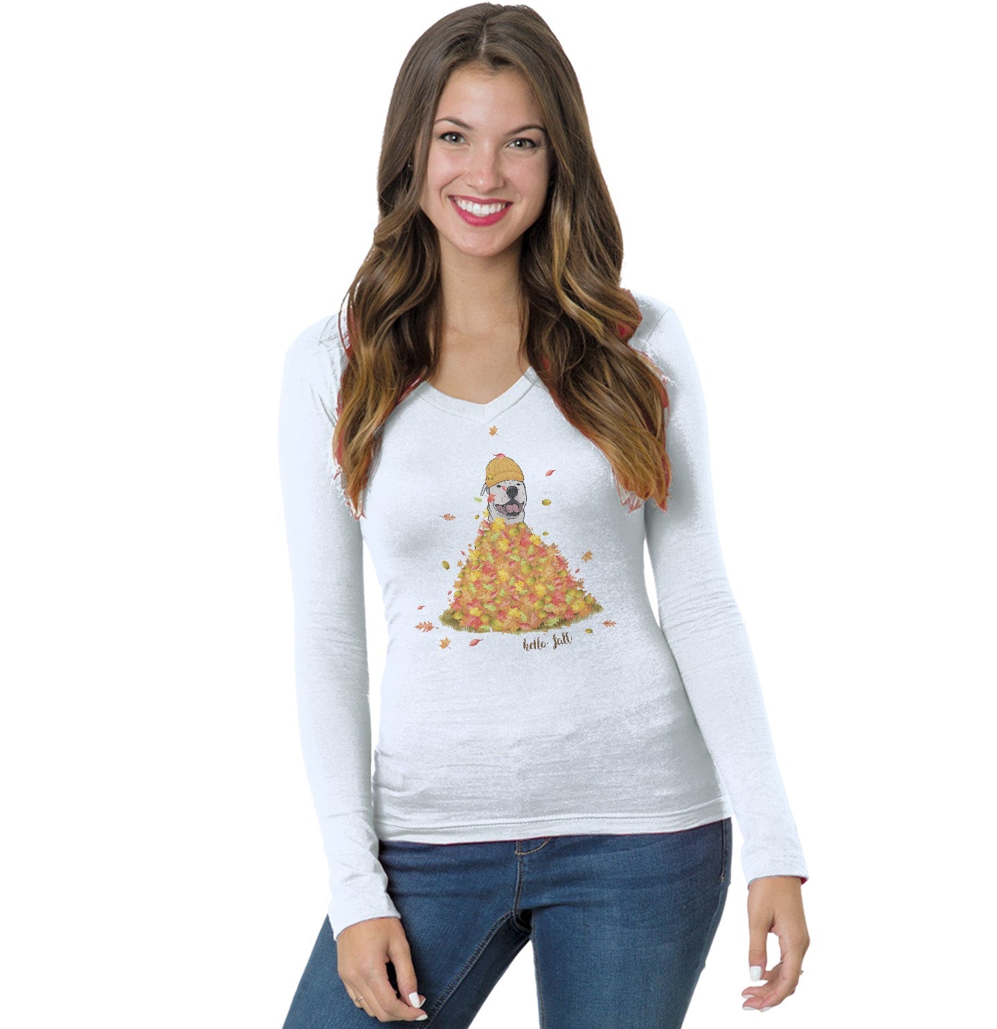 Leaf Pile and Pit Bull - Women's V-Neck Long Sleeve T-Shirt
