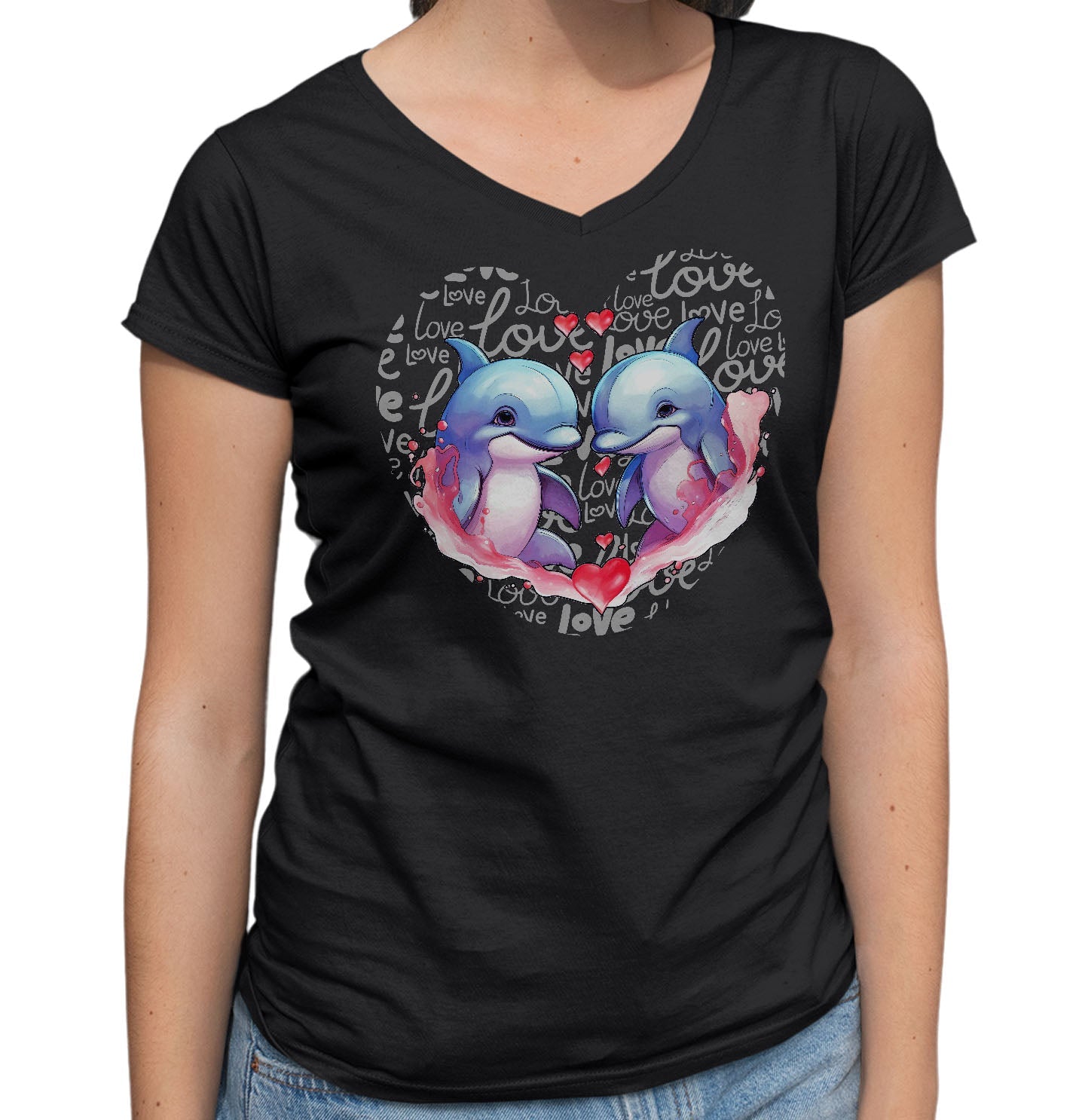 Dolphin Love Heart - Women's V-Neck T-Shirt