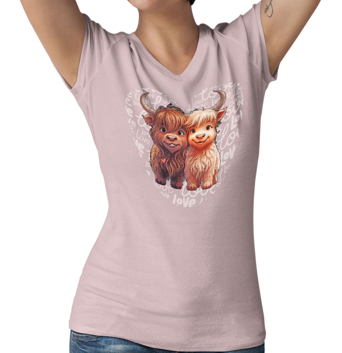 Highland Cow Love Heart - Women's V-Neck T-Shirt
