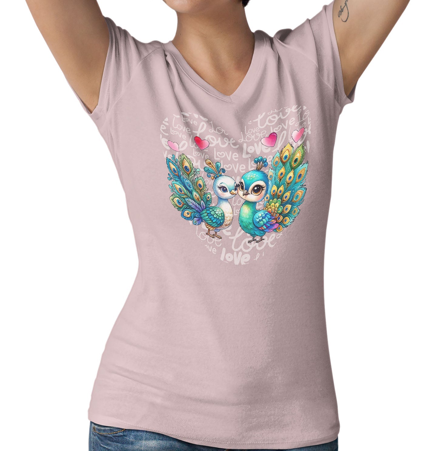 Peacock Love Heart - Women's V-Neck T-Shirt