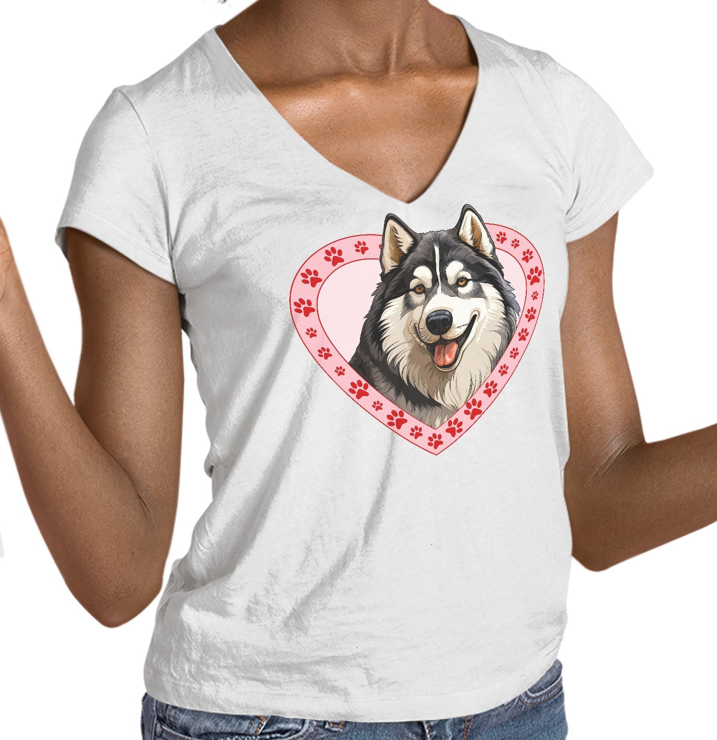 Alaskan Malamute Illustration In Heart - Women's V-Neck T-Shirt