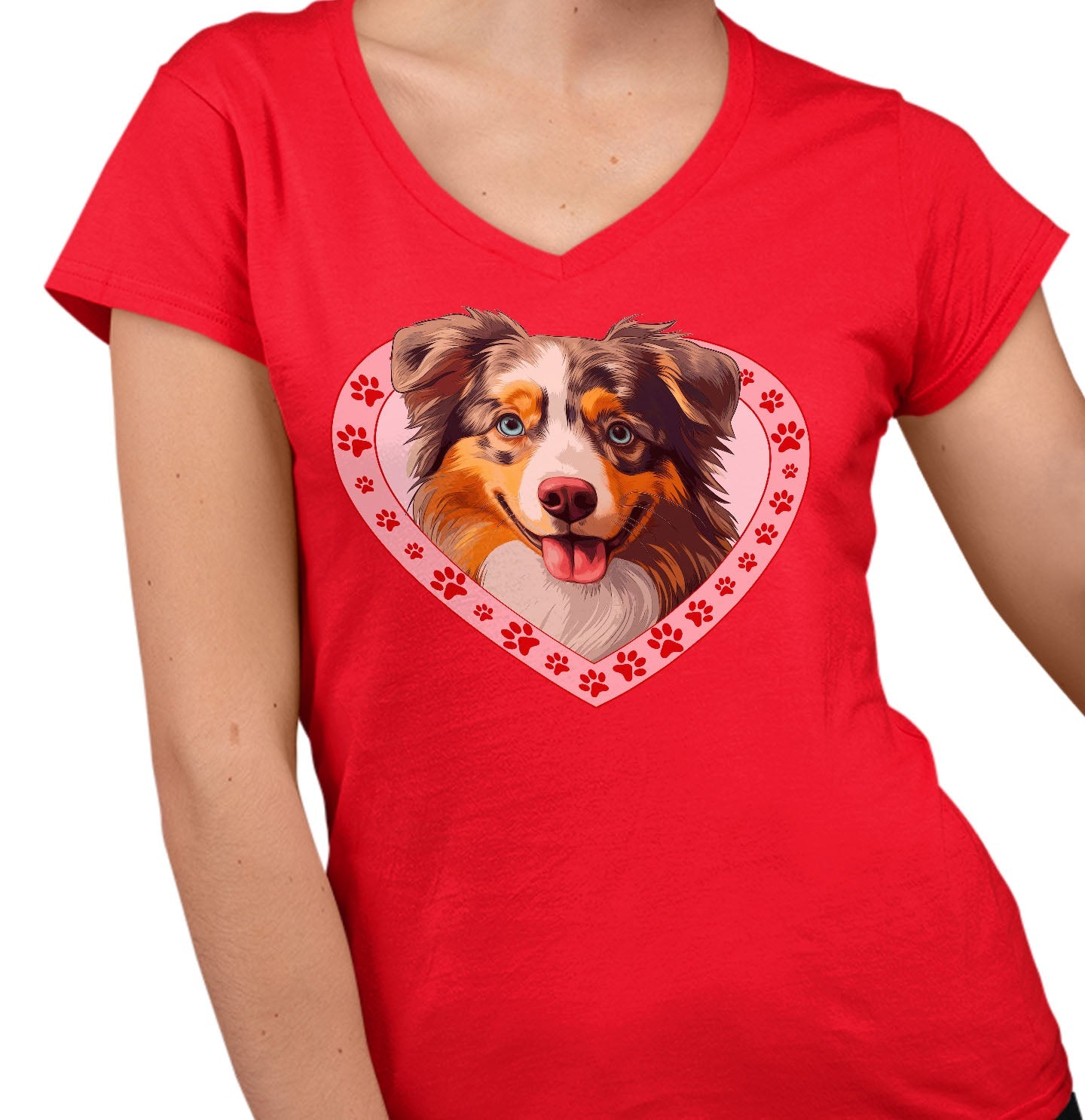 Australian Shepherd Illustration In Heart - Women's V-Neck T-Shirt