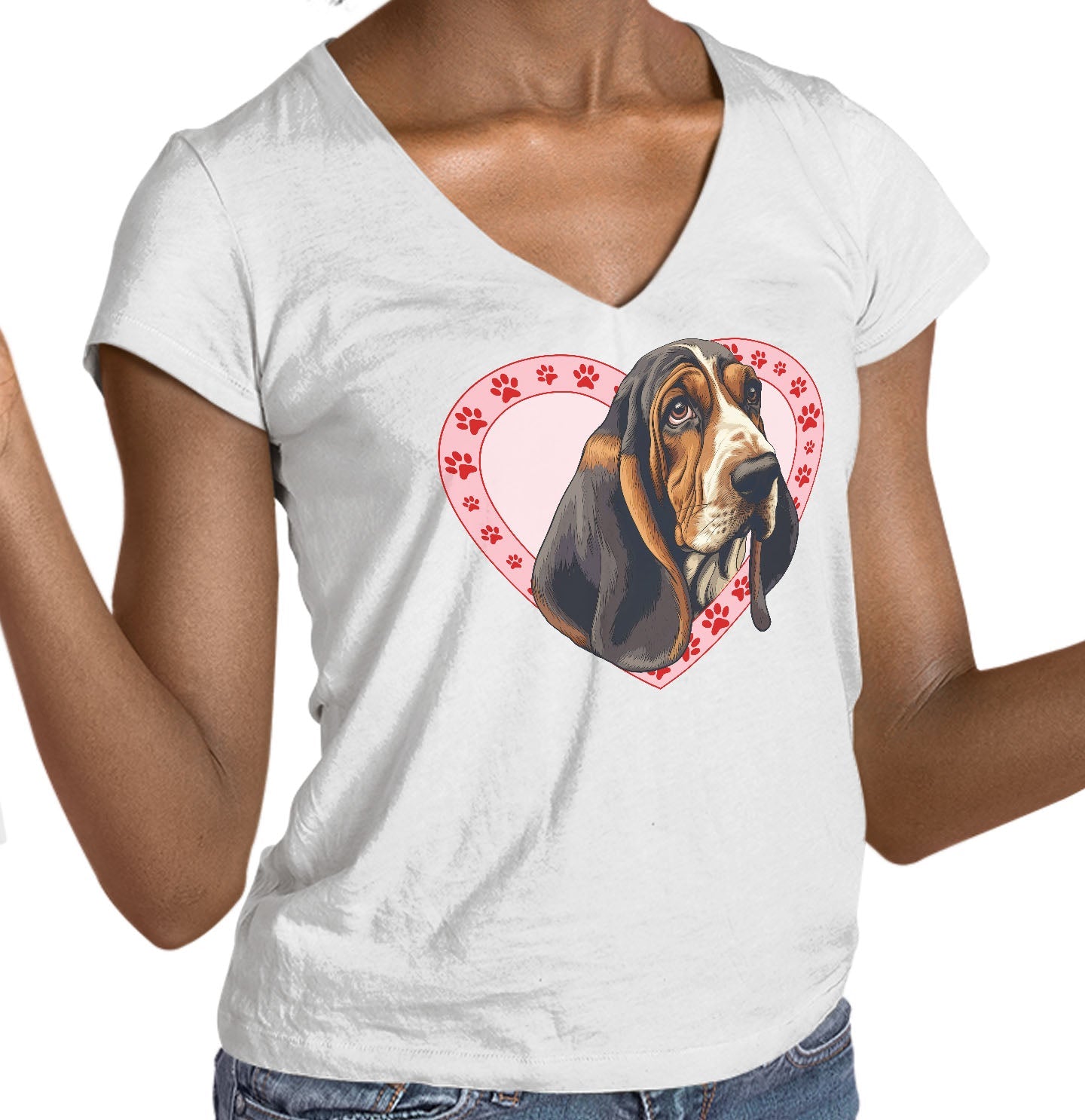 Basset Hound (Black, Brown & White) Illustration In Heart - Women's V-Neck T-Shirt