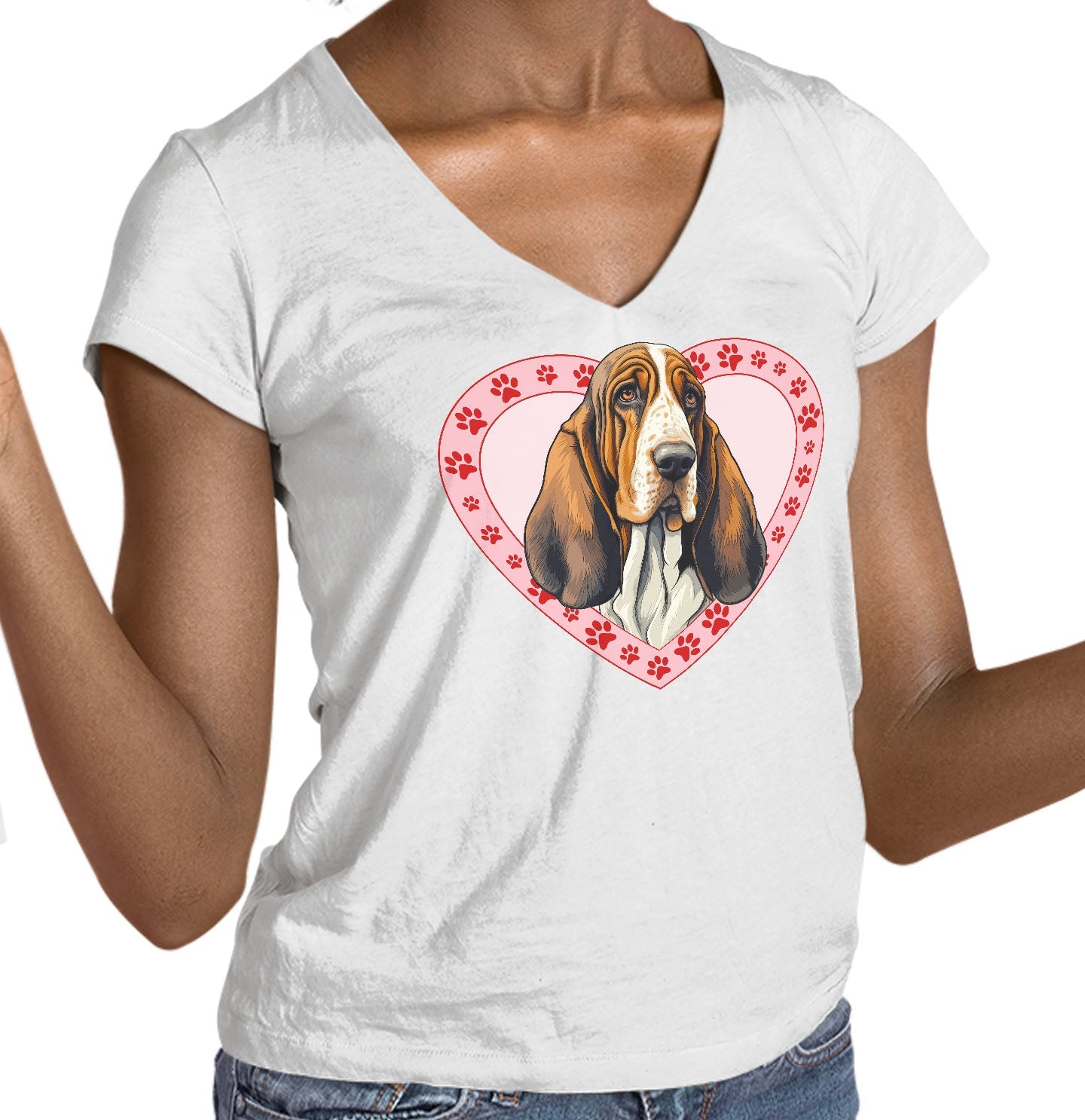 Basset Hound (Red & White) Illustration In Heart - Women's V-Neck T-Shirt