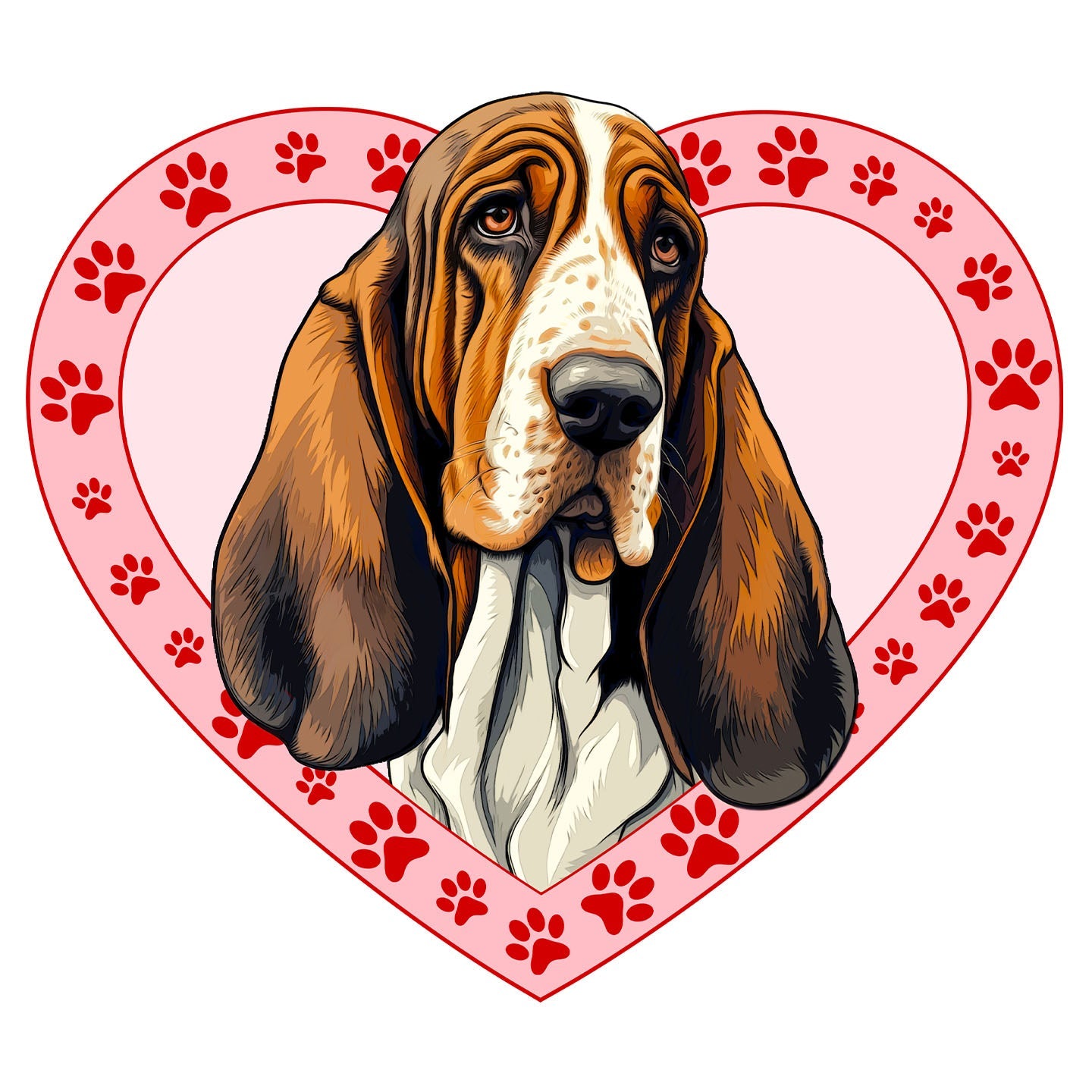 Basset Hound (Red & White) Illustration In Heart - Adult Unisex T-Shirt