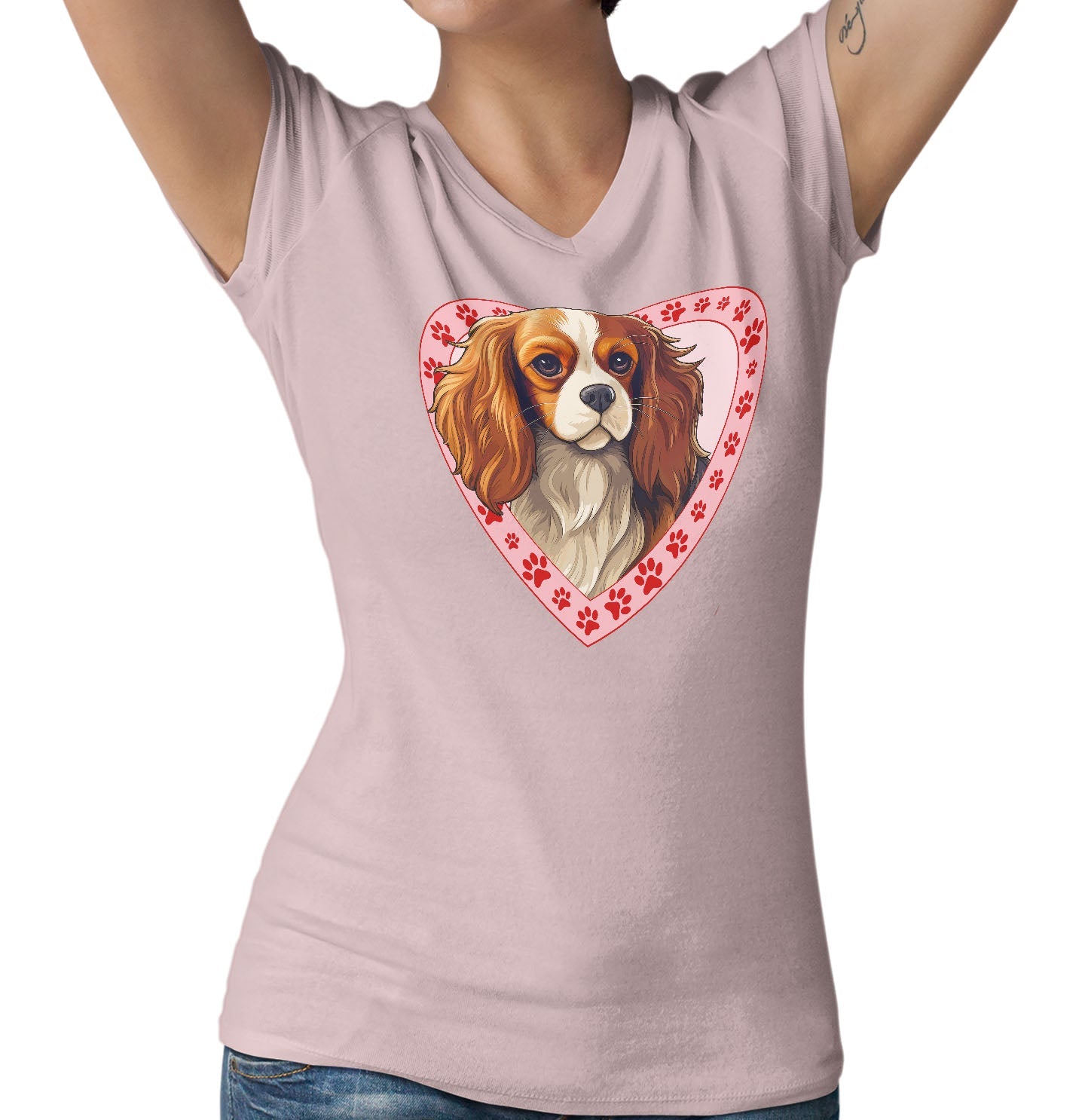 Cavalier King Charles Spaniel (Blenheim) Illustration In Heart - Women's V-Neck T-Shirt