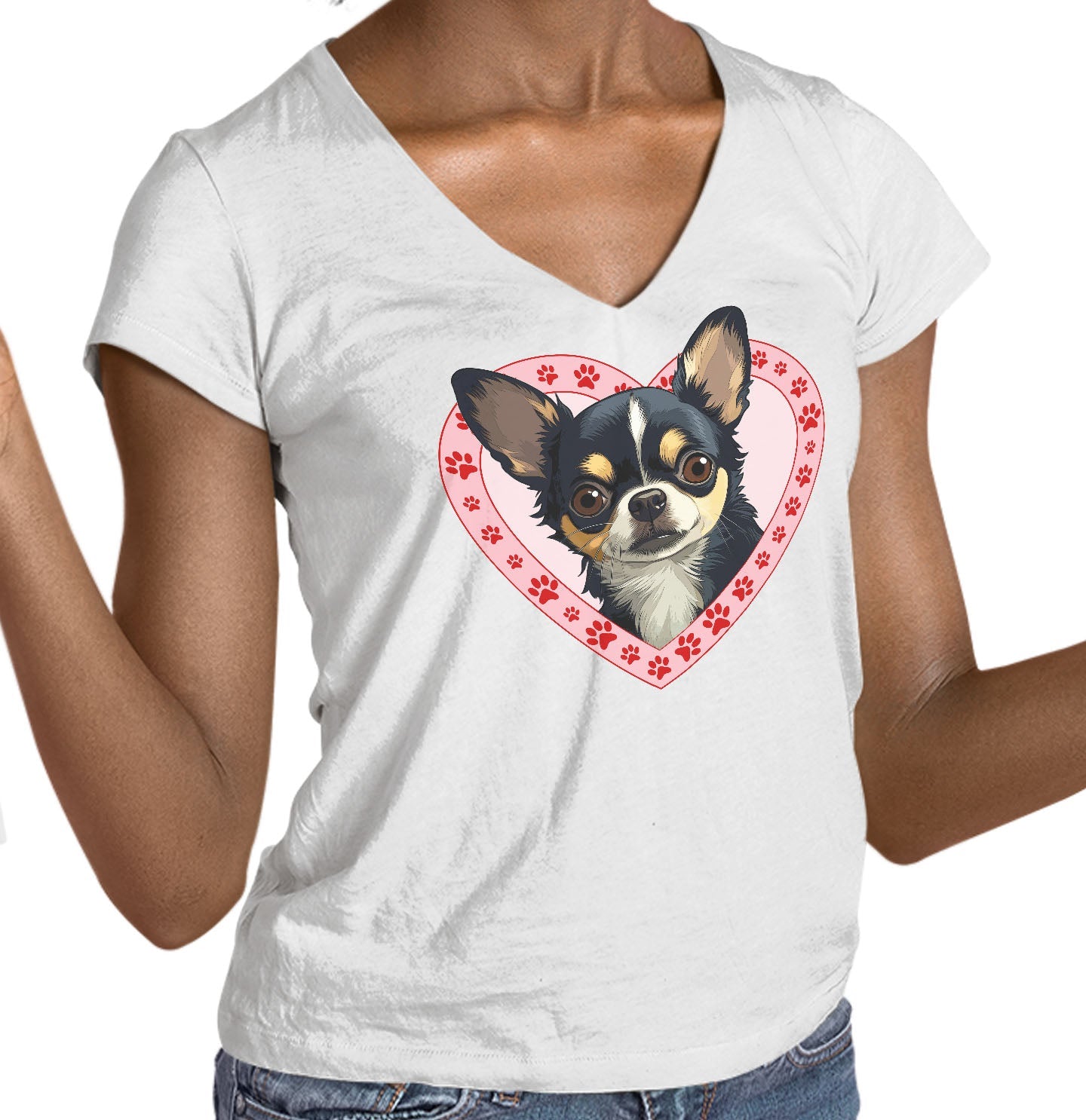 Chihuahua (Black & Tan) Illustration In Heart - Women's V-Neck T-Shirt
