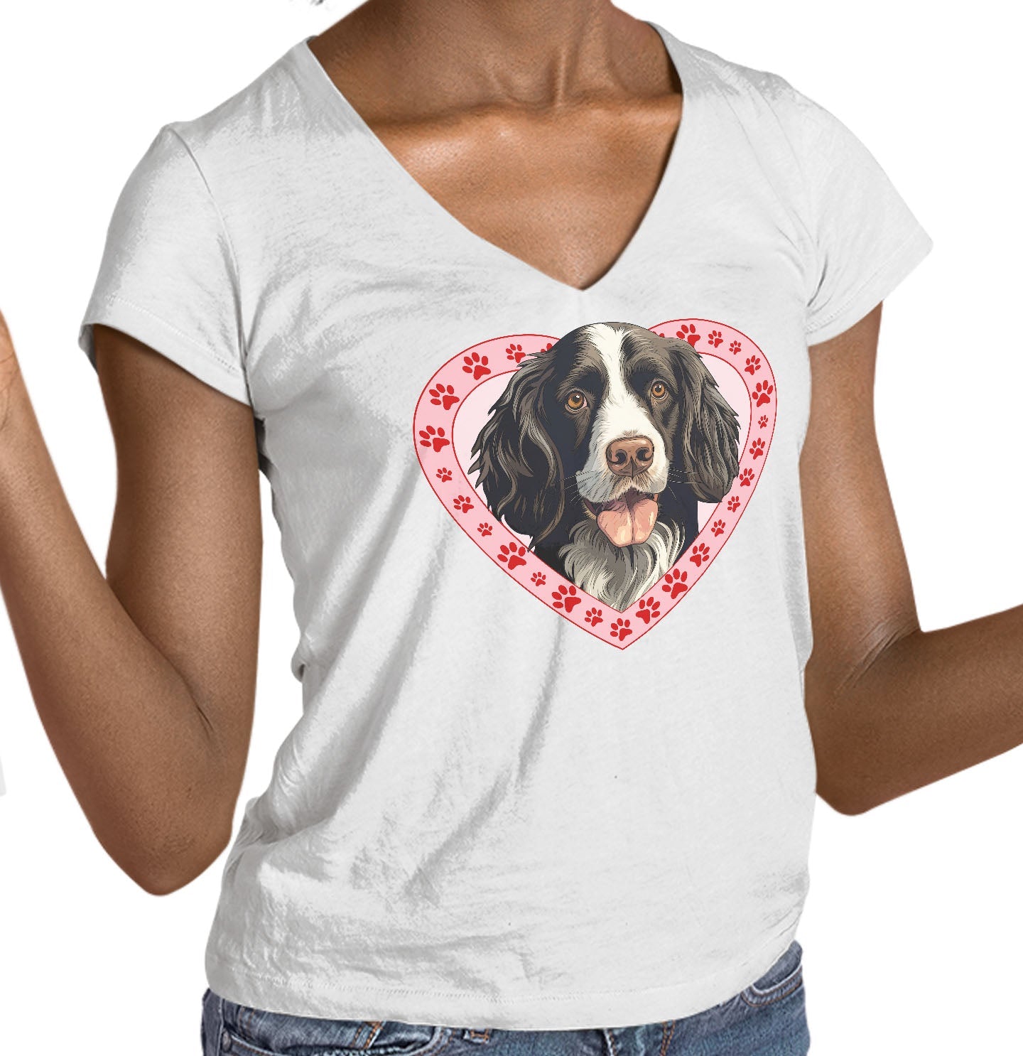 English Springer Spaniel (Black & White) Illustration In Heart - Women's V-Neck T-Shirt