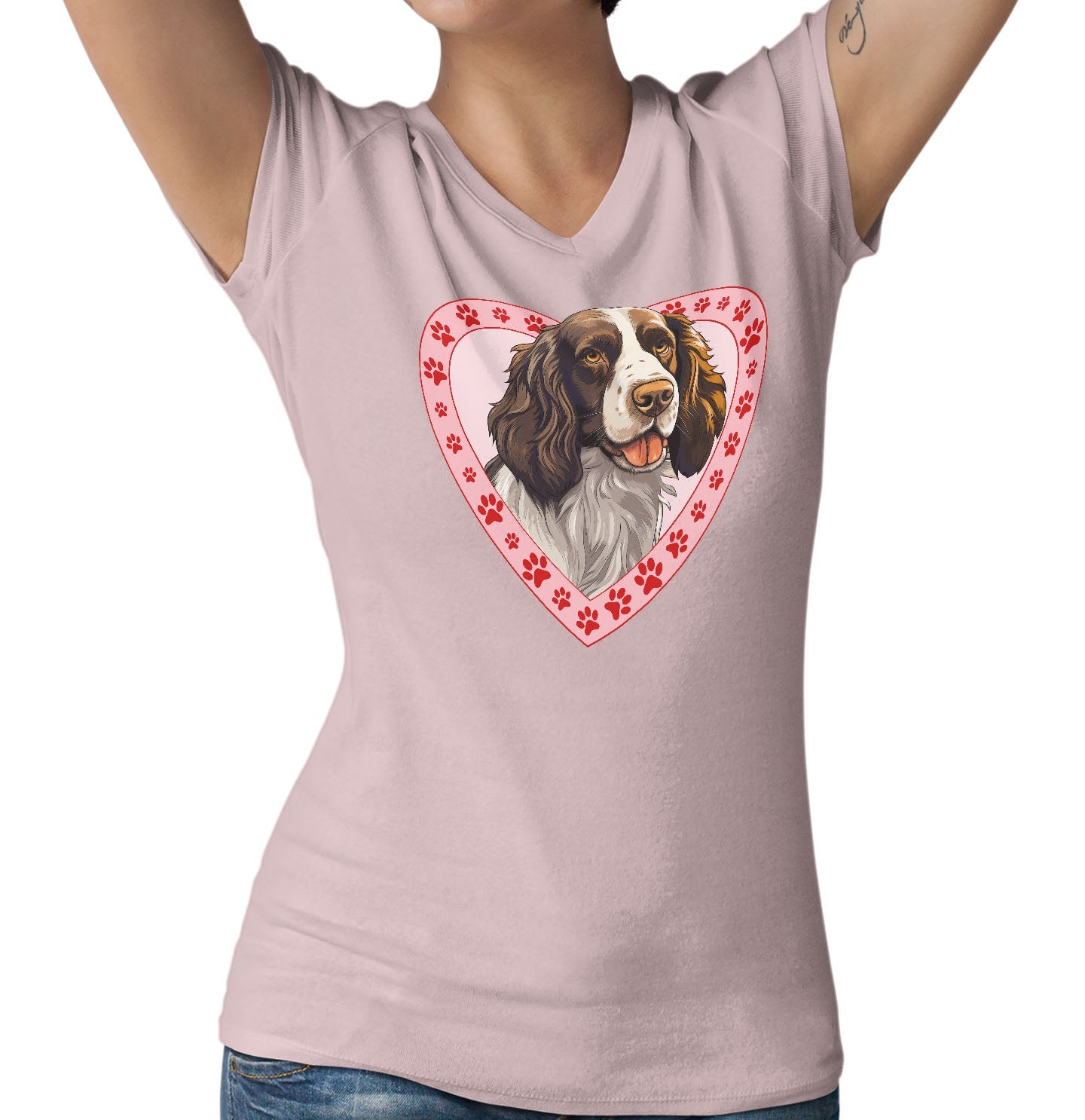 English Springer Spaniel (Liver & White) Illustration In Heart - Women's V-Neck T-Shirt