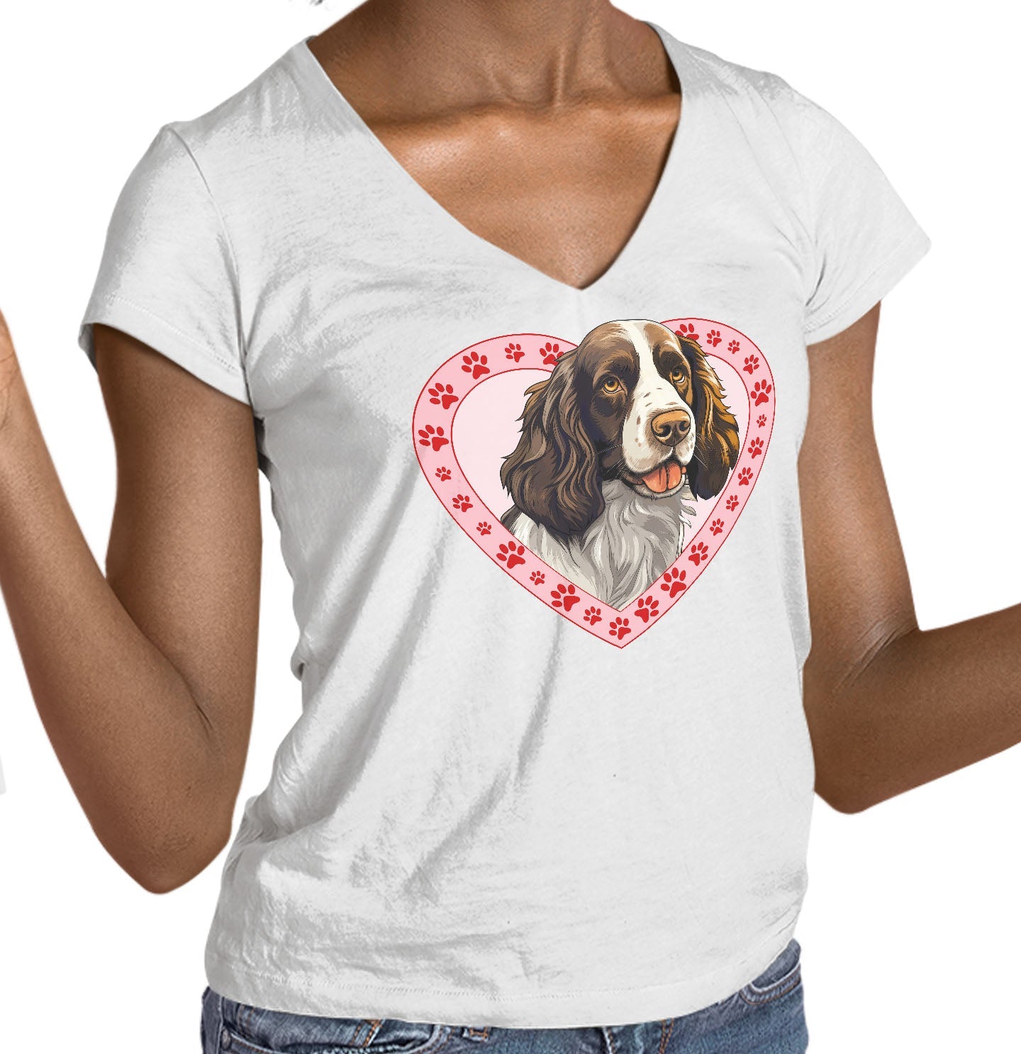 English Springer Spaniel (Liver & White) Illustration In Heart - Women's V-Neck T-Shirt