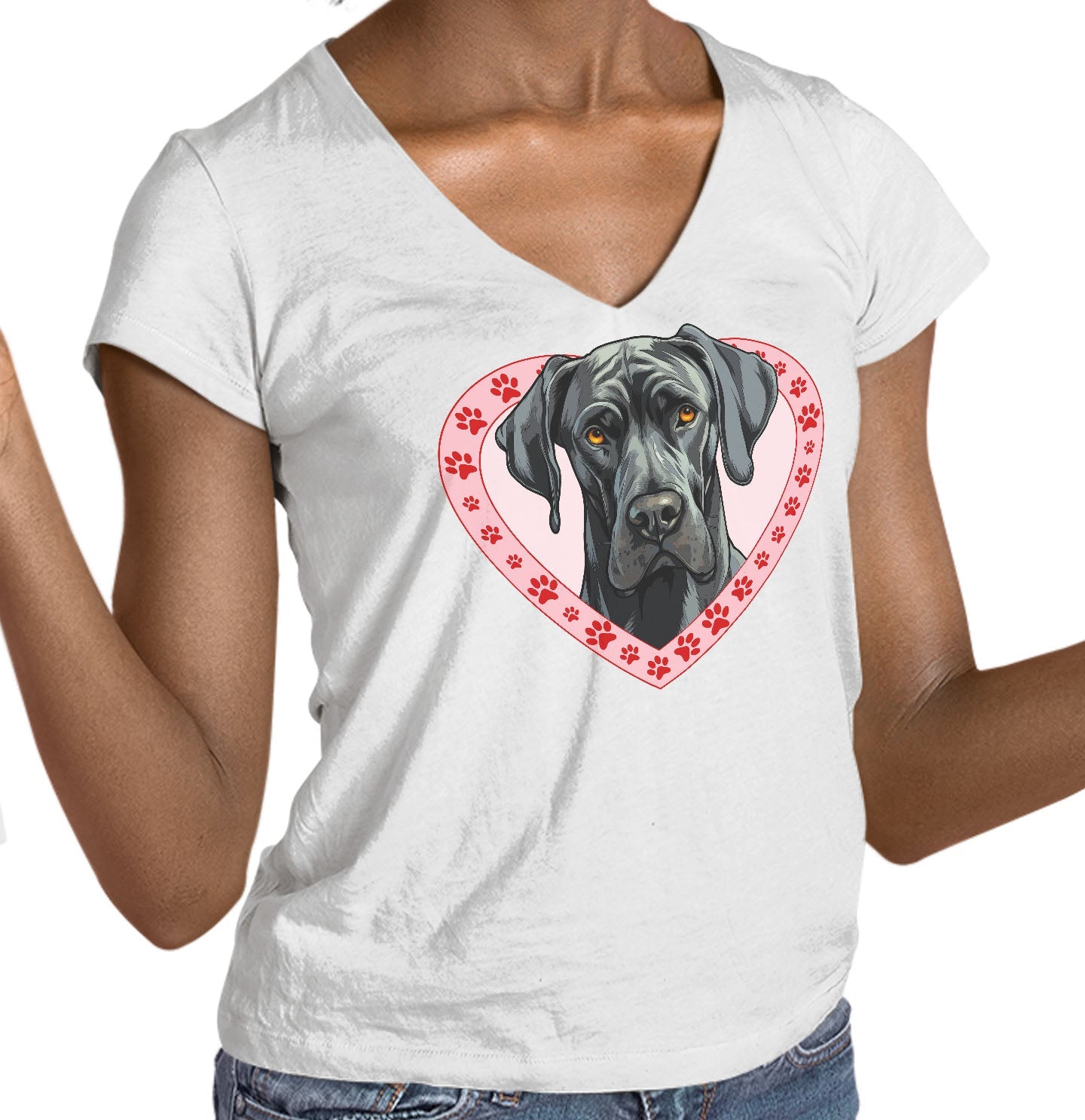 Great Dane (Black) Illustration In Heart - Women's V-Neck T-Shirt