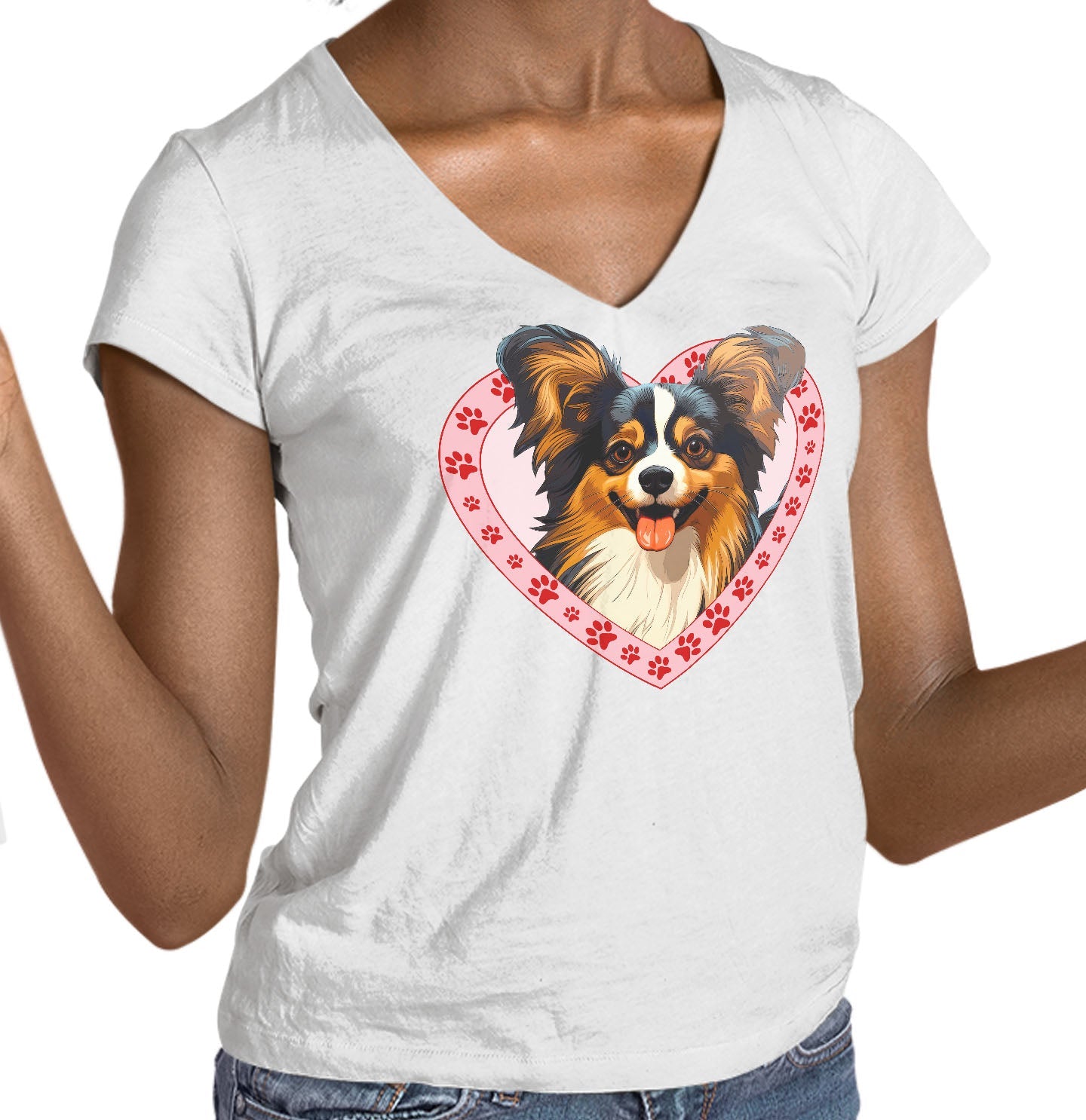 Papillon Illustration In Heart - Women's V-Neck T-Shirt