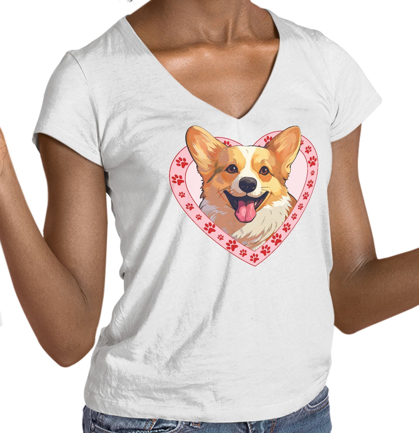 Pembroke Welsh Corgi Illustration In Heart - Women's V-Neck T-Shirt