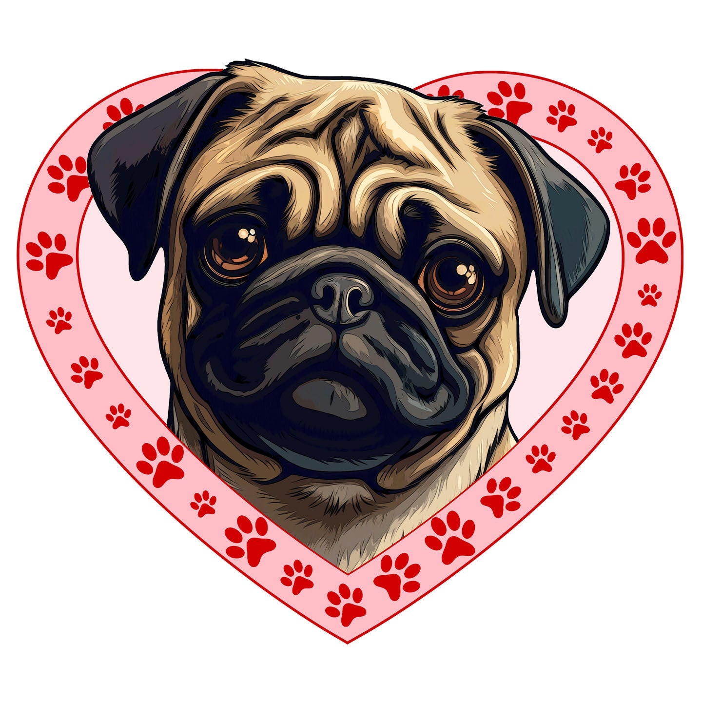 Pug Illustration In Heart - Adult Unisex T-Shirt