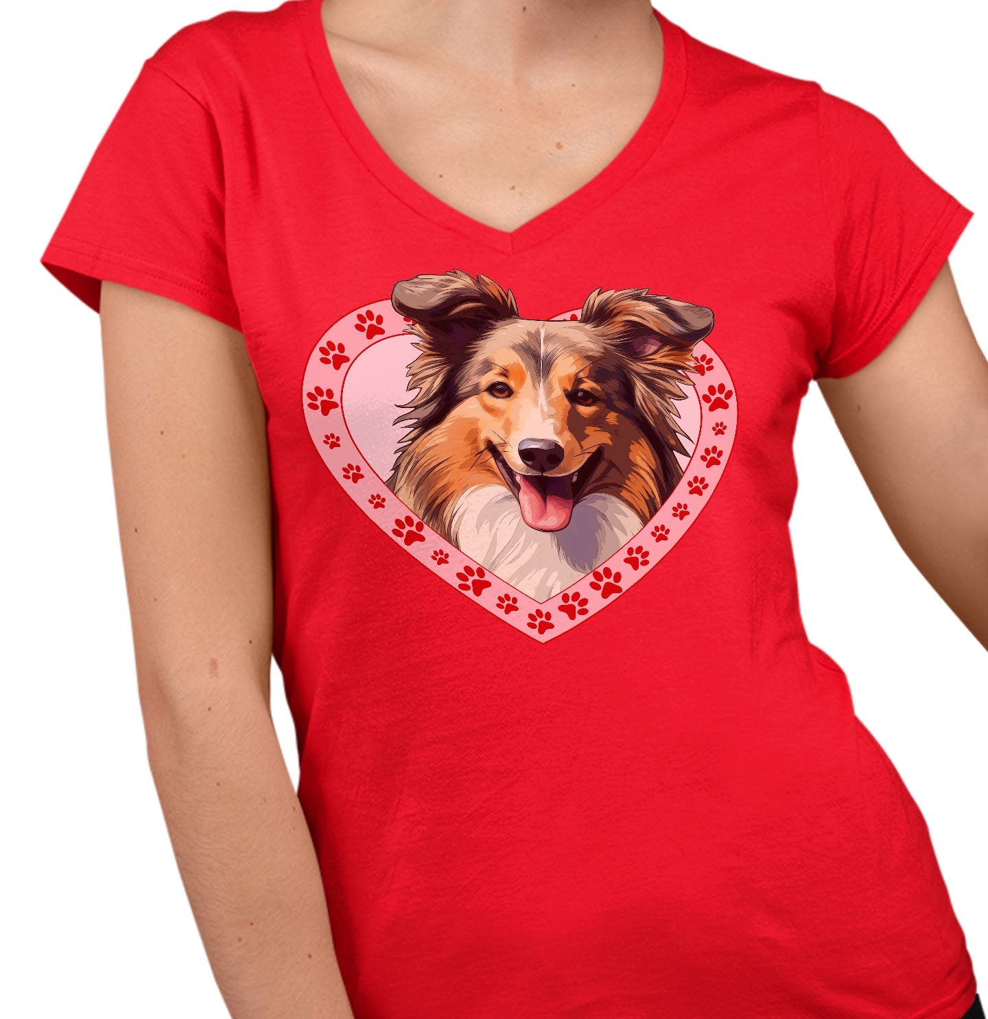 Shetland Sheepdog Illustration In Heart - Women's V-Neck T-Shirt