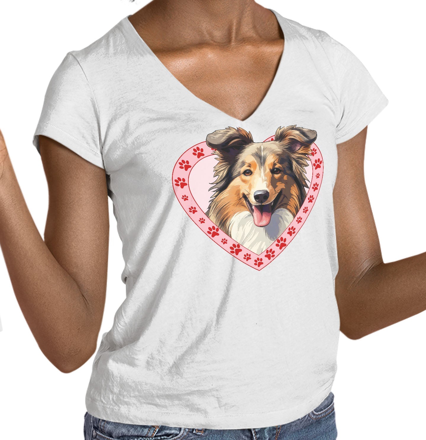 Shetland Sheepdog Illustration In Heart - Women's V-Neck T-Shirt