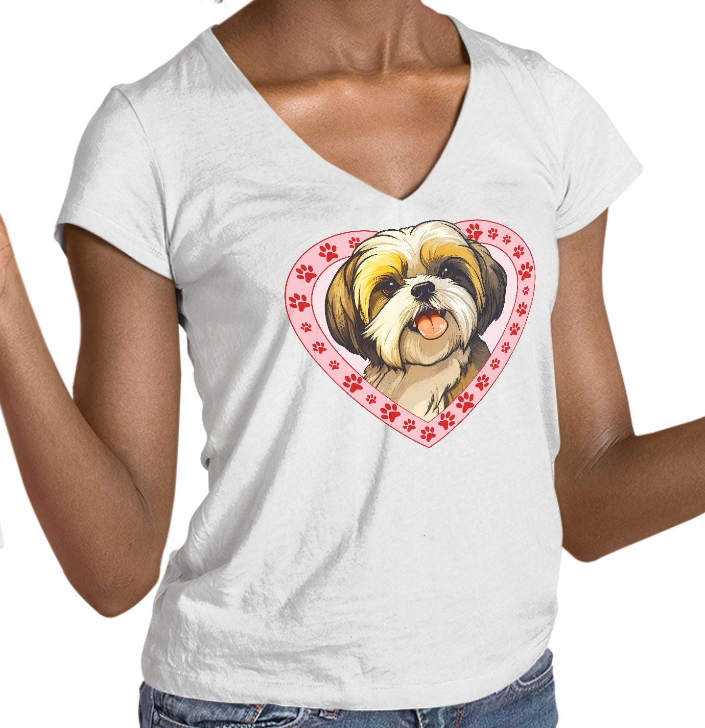 Shih Tzu (Gold & White) Illustration In Heart - Women's V-Neck T-Shirt