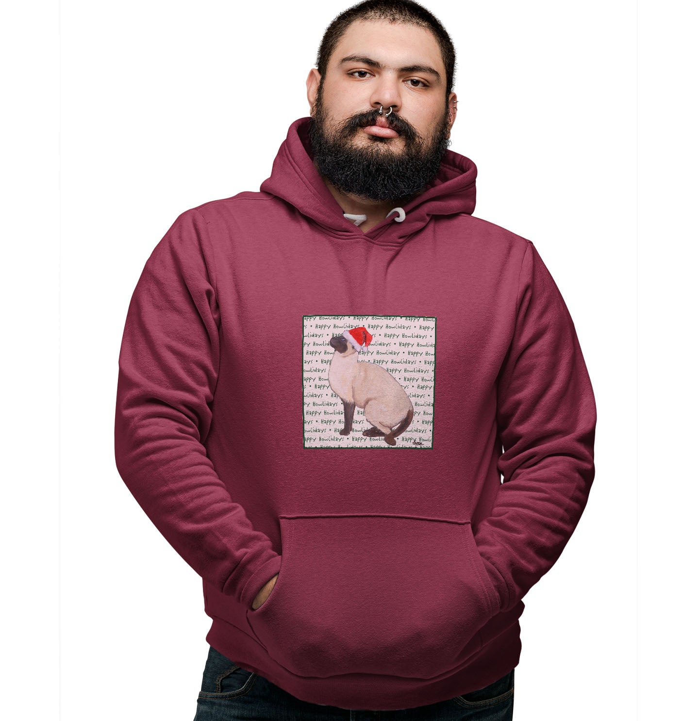 Siamese Cat Happy Howlidays Text - Adult Unisex Hoodie Sweatshirt