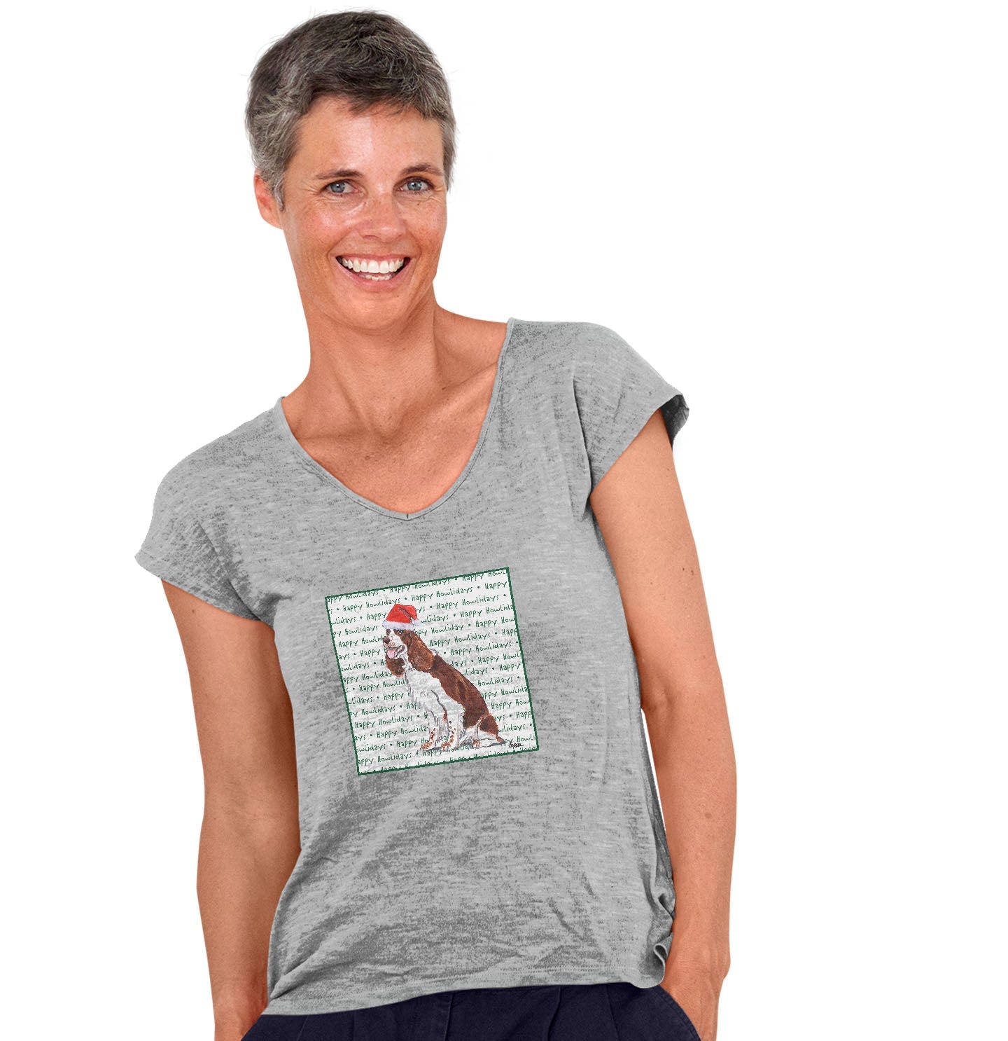 English Springer Spaniel (Liver & White) Happy Howlidays Text - Women's V-Neck T-Shirt