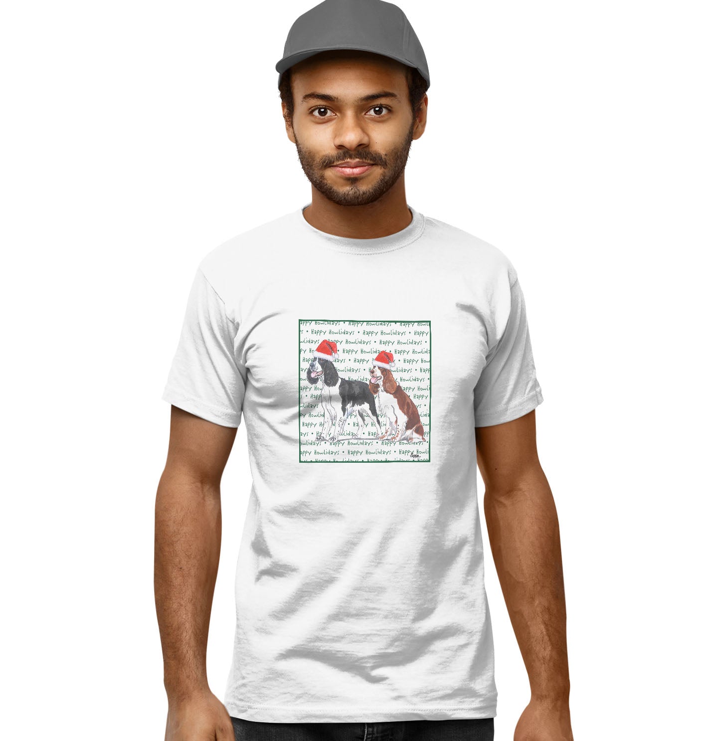 English Springer Spaniel Pair Happy Howlidays Text - Adult Unisex T-Shirt