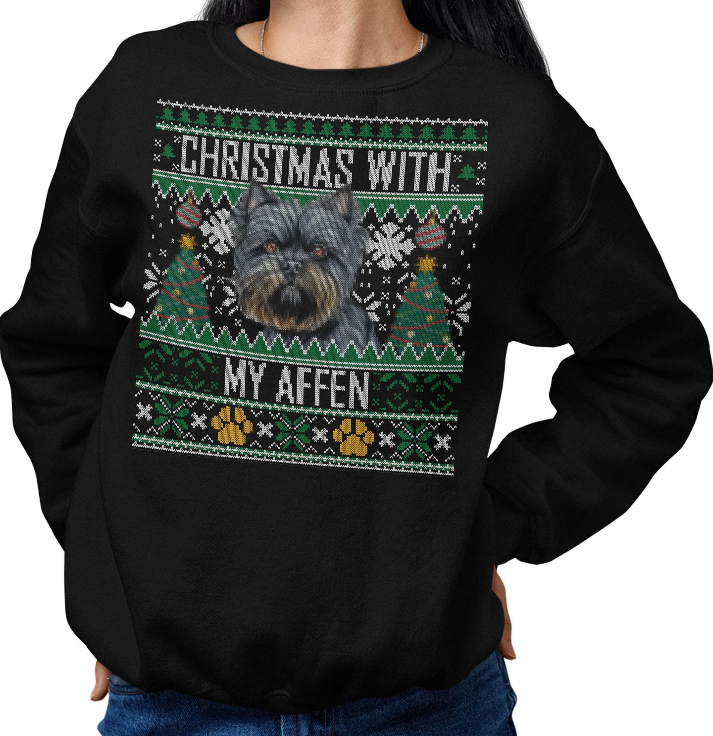 Ugly Sweater Christmas with My Affenpinscher - Adult Unisex Crewneck Sweatshirt