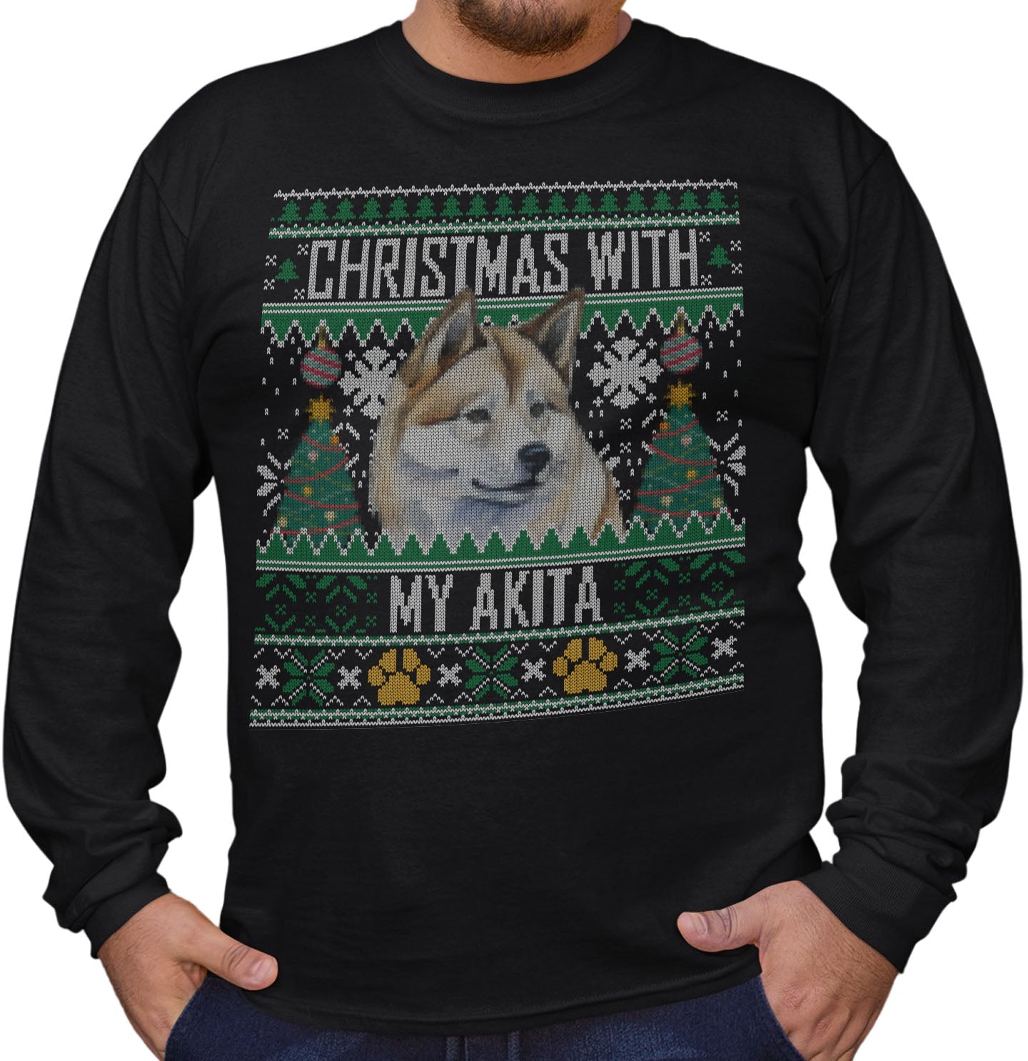 Ugly Sweater Christmas with My Akita - Adult Unisex Long Sleeve T-Shirt