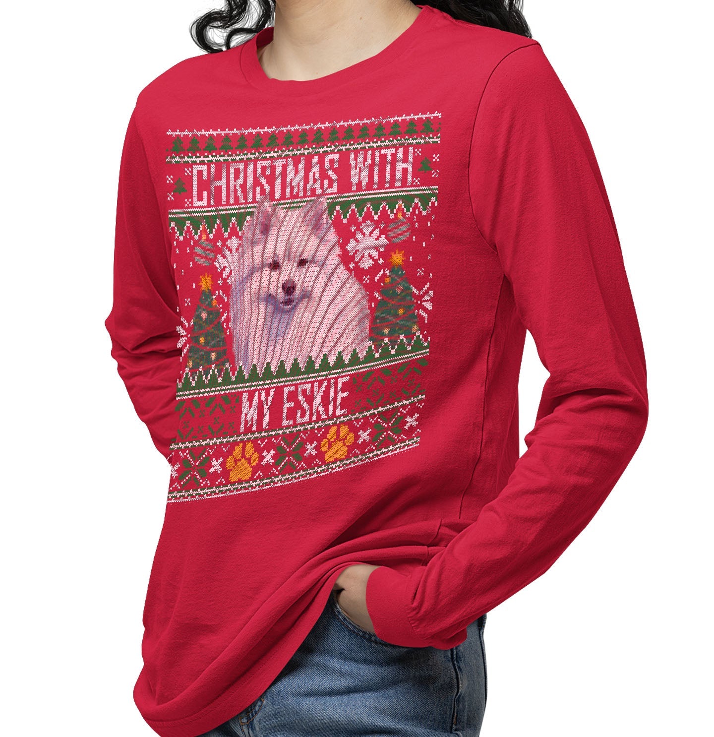 Ugly Sweater Christmas with My American Eskimo Dog - Adult Unisex Long Sleeve T-Shirt