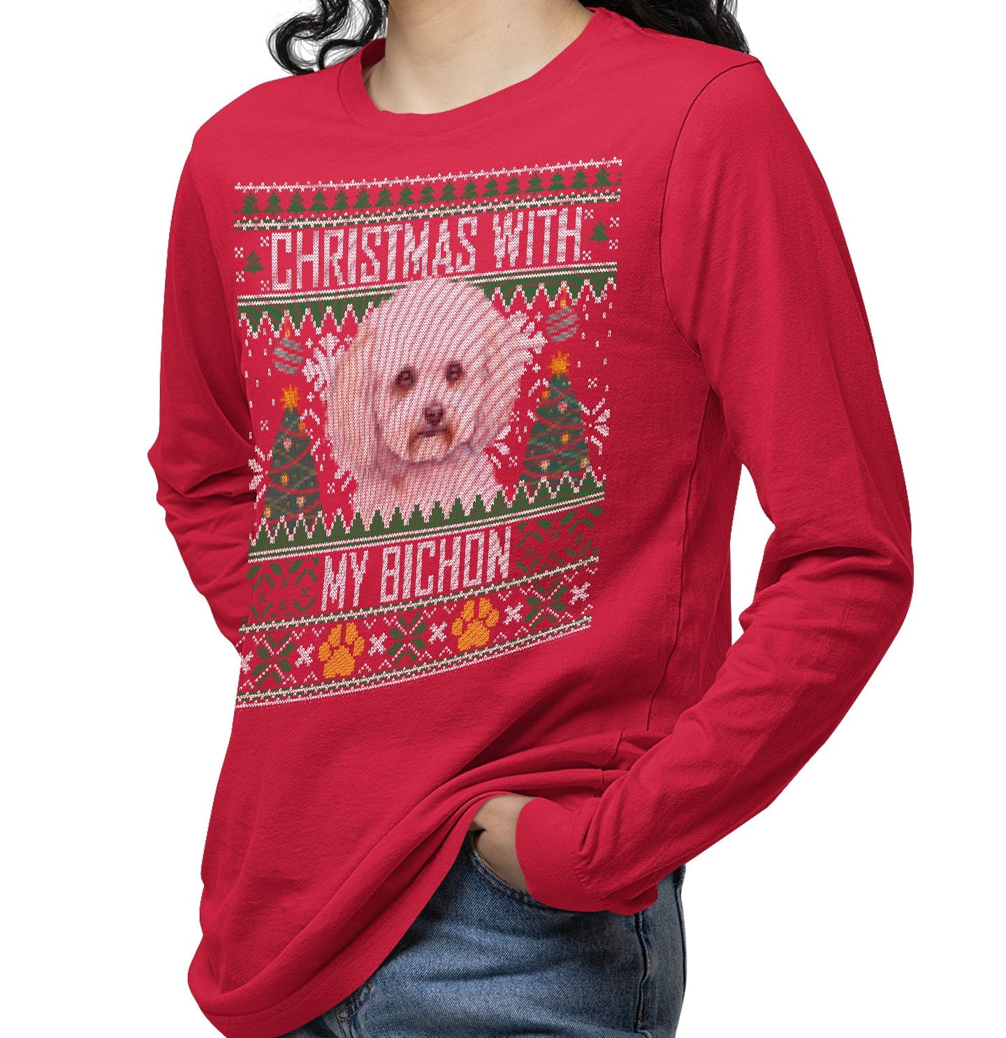 Ugly Sweater Christmas with My Bichon Frise Adult Unisex Long Sleeve T Shirt