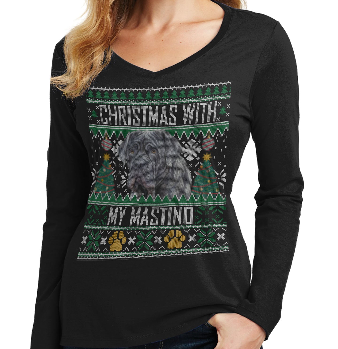 Ugly Sweater Christmas with My Neapolitan Mastiff - Women's V-Neck Long Sleeve T-Shirt