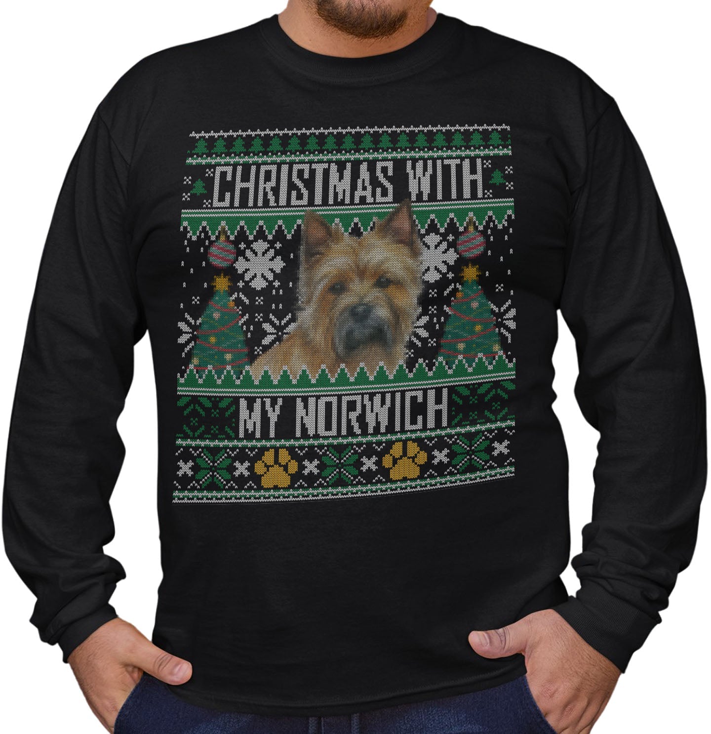 Ugly Sweater Christmas with My Norwich Terrier - Adult Unisex Long Sleeve T-Shirt