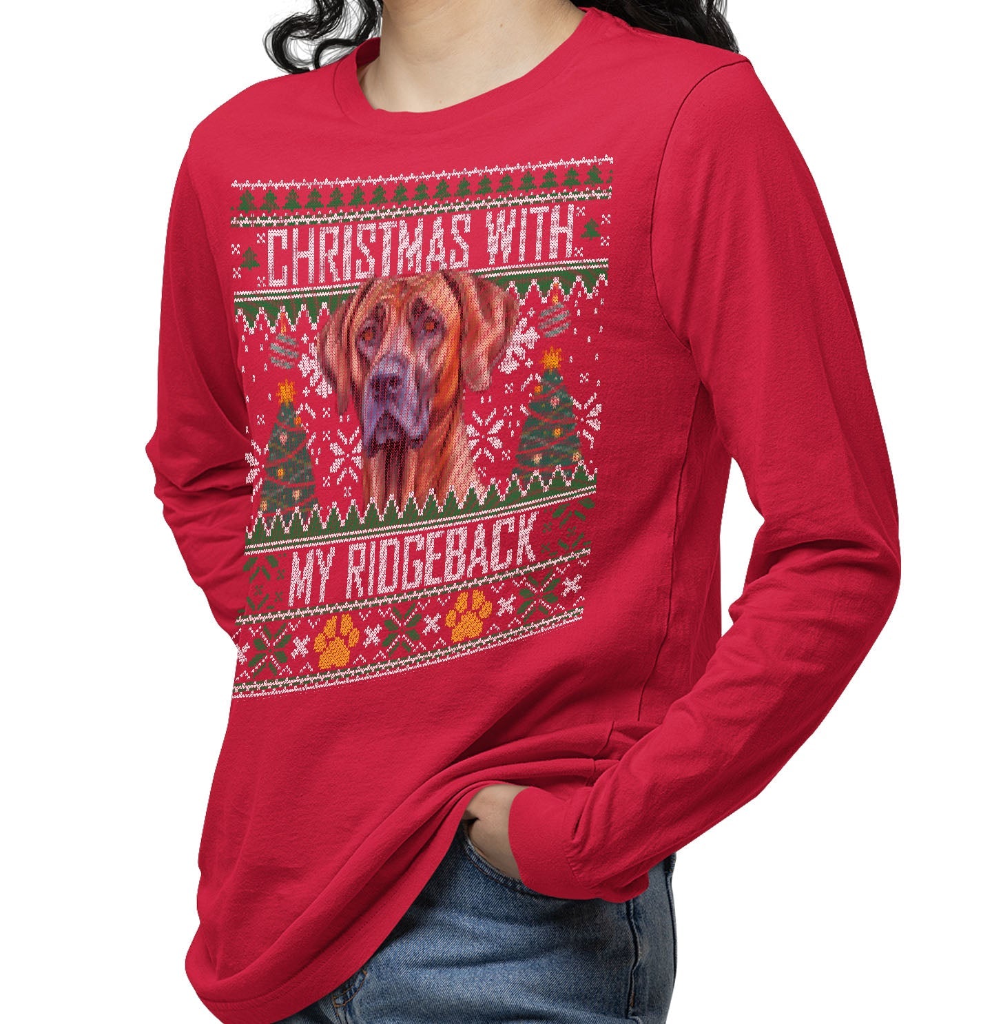 Ugly Sweater Christmas with My Rhodesian Ridgeback - Adult Unisex Long Sleeve T-Shirt