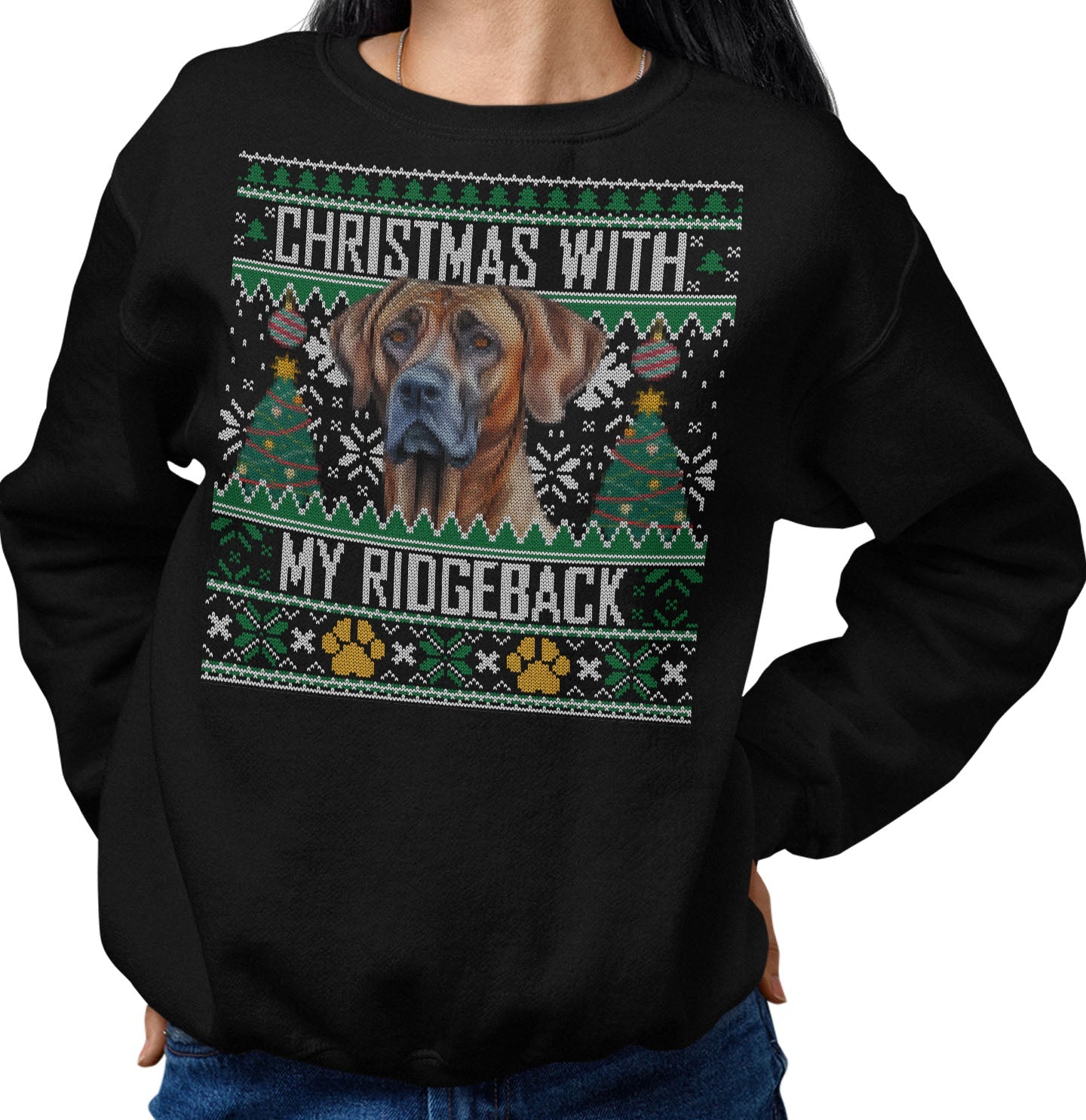 Ugly Sweater Christmas with My Rhodesian Ridgeback - Adult Unisex Crewneck Sweatshirt
