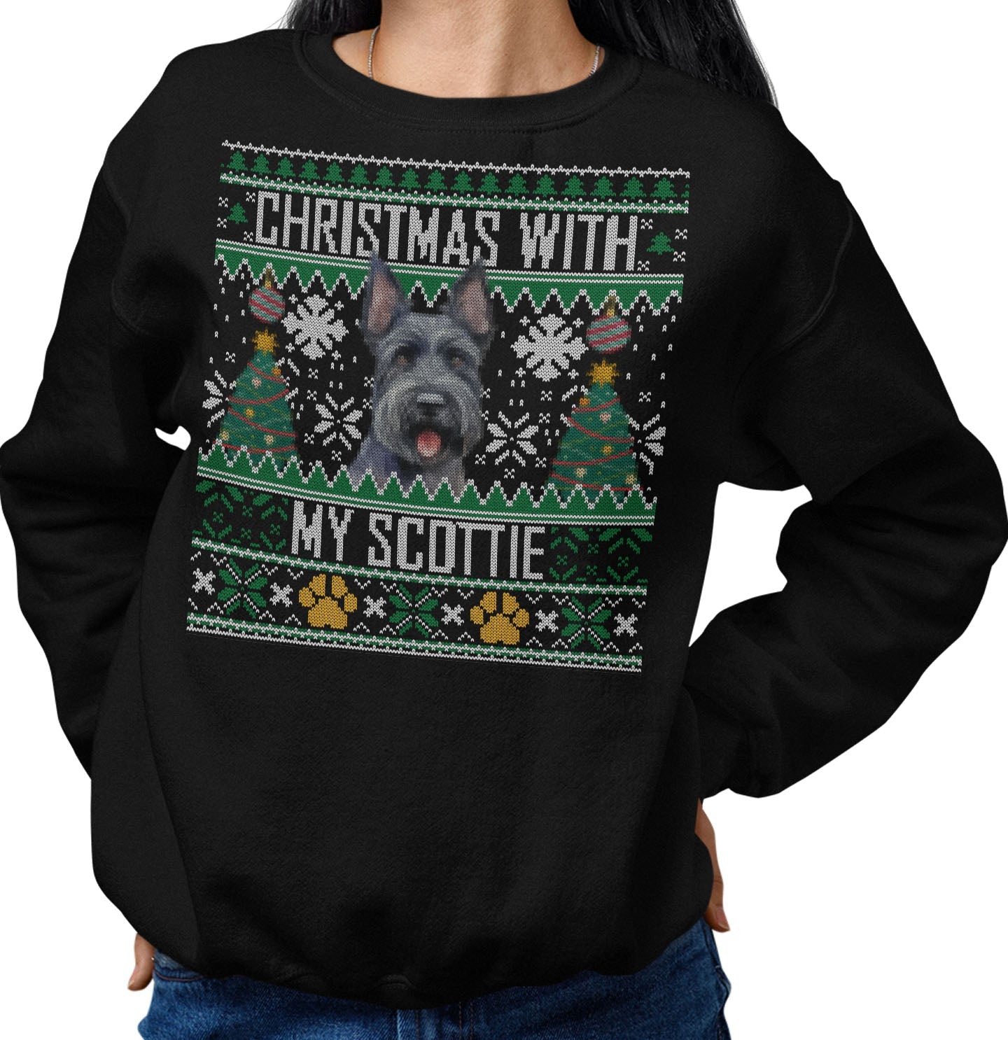 Ugly Sweater Christmas with My Scottish Terrier - Adult Unisex Crewneck Sweatshirt