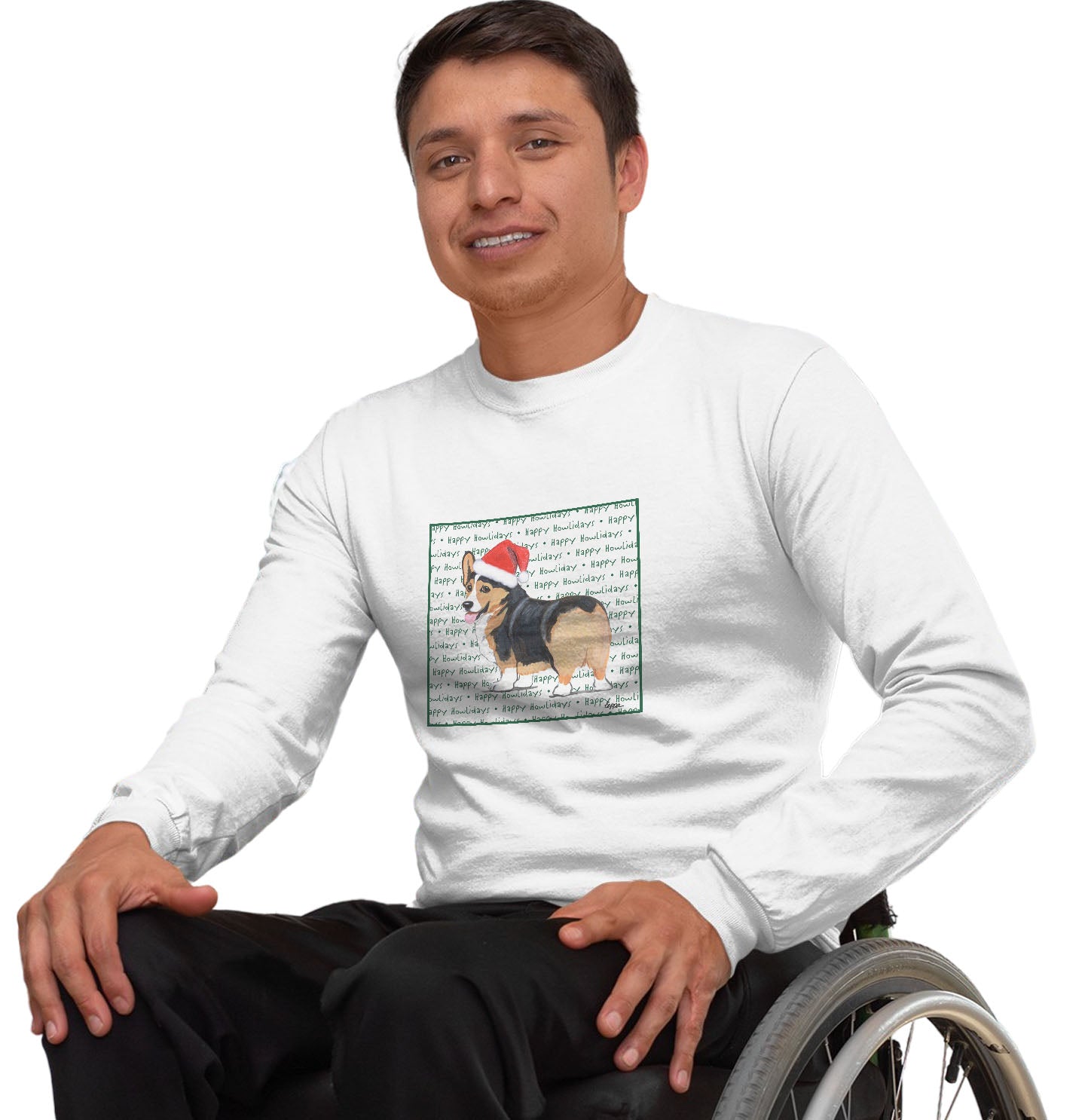 Pembroke Welsh Corgi (Tri-Color) Happy Howlidays Text - Adult Unisex Long Sleeve T-Shirt