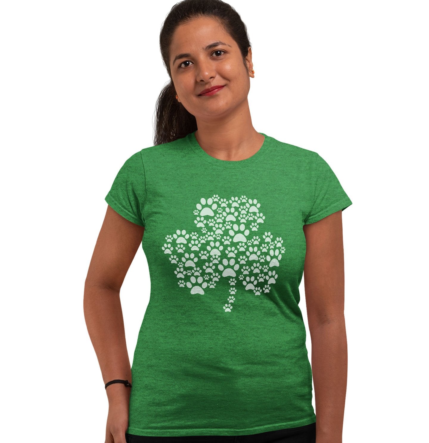 Green & White Shamrock Paw Print - Women's Fitted T-Shirt