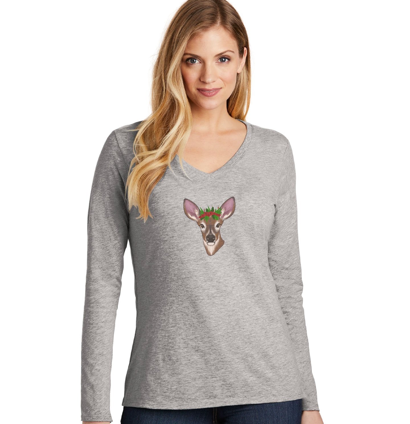 Christmas Doe - Women's V-Neck Long Sleeve T-Shirt