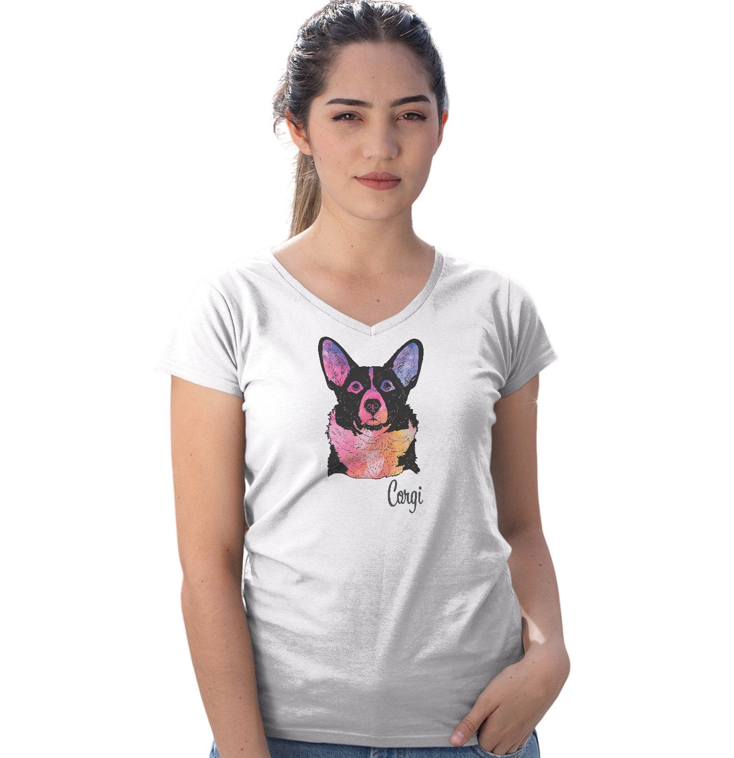 Animal Pride - Colorful Corgi Headshot - Women's V-Neck T-Shirt