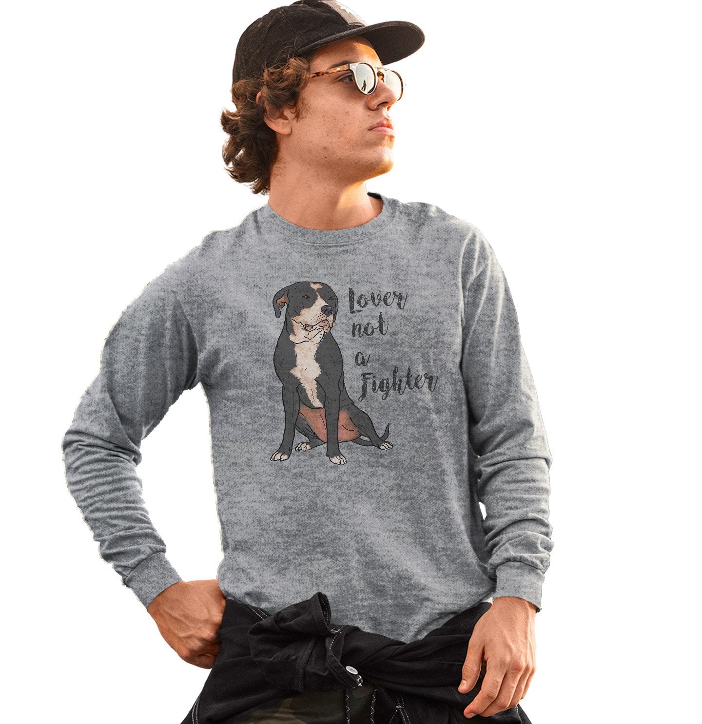 Black & White Pit Bull Lover Not Fighter - Adult Unisex Long Sleeve T-Shirt