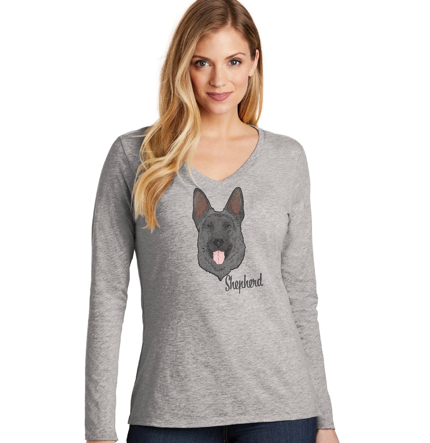 Black German Shepherd Headshot - Women's V-Neck Long Sleeve T-Shirt