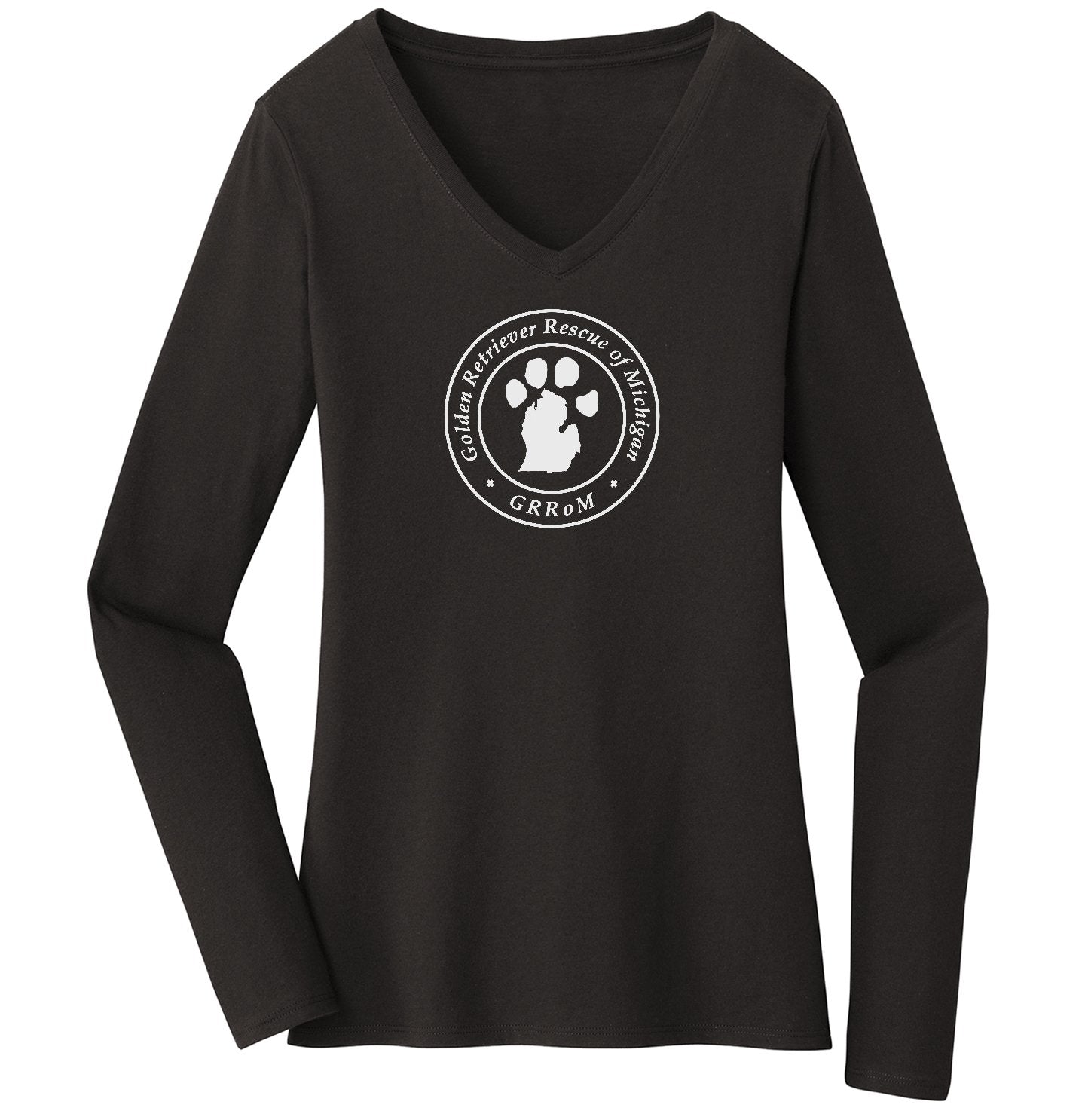 Golden Retriever Rescue of Michigan Logo - Full Front White - Ladies' V-Neck Long Sleeve T-Shirt