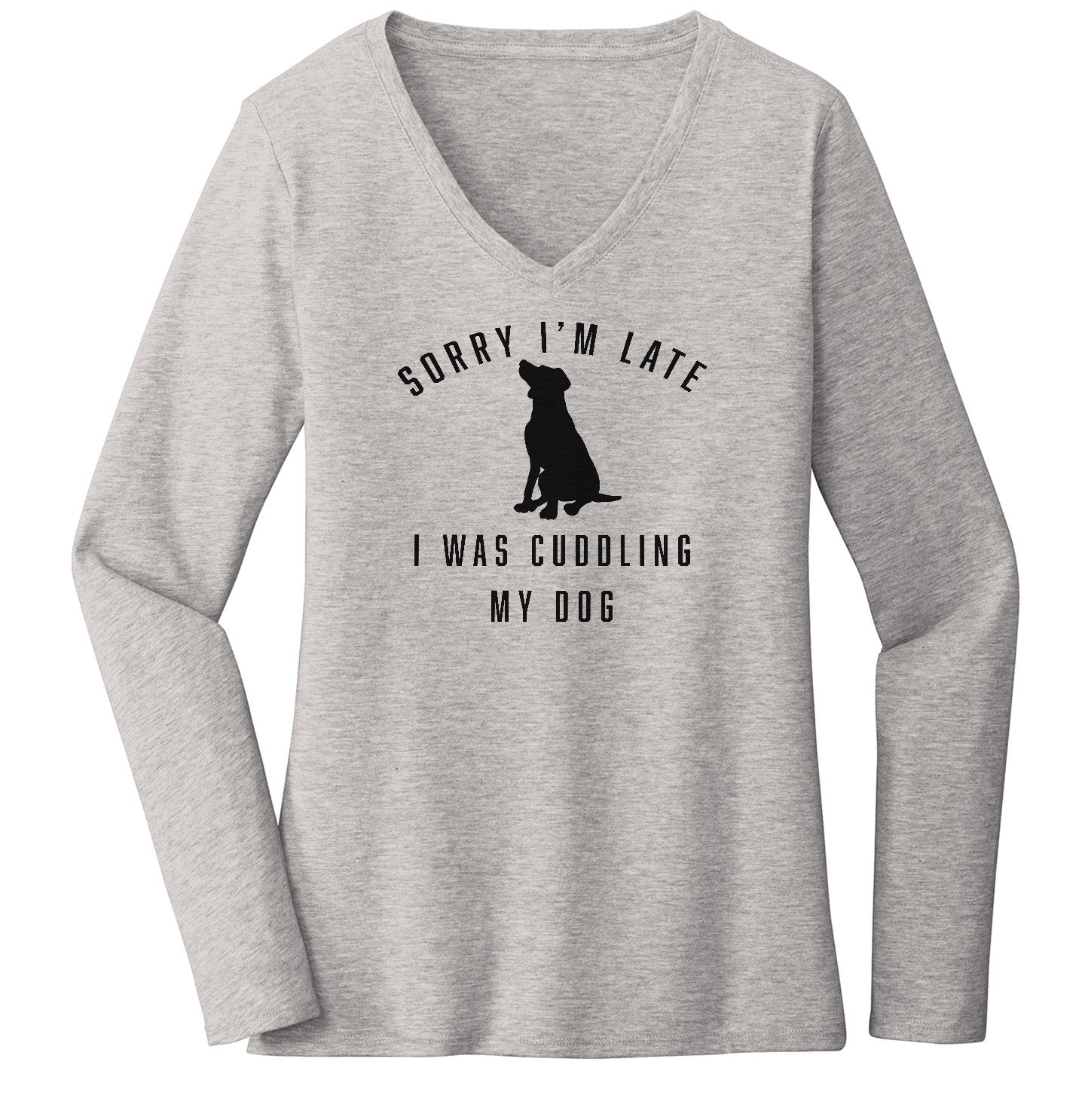 Animal Pride - Sorry I'm Late Dog Cuddling Labrador Silhouette - Women's V-Neck Long Sleeve T-Shirt