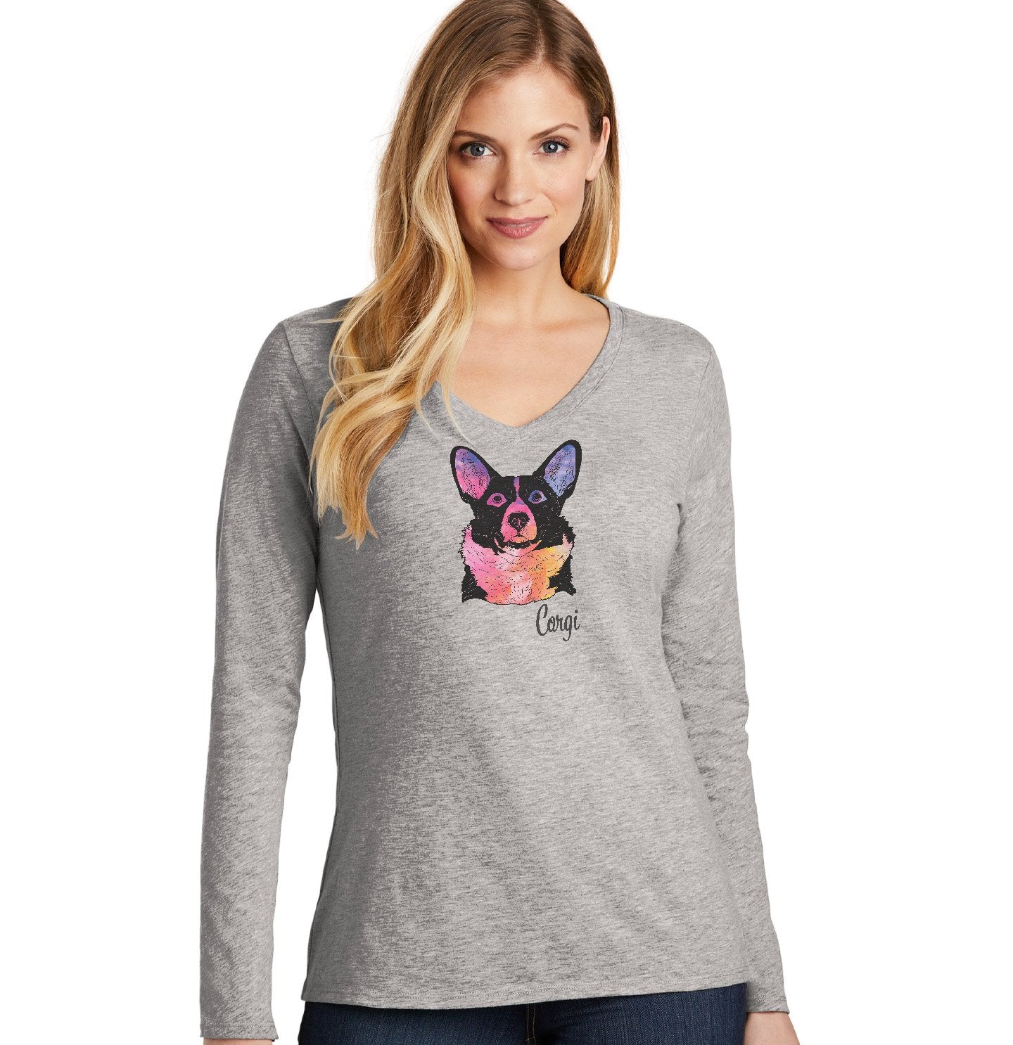 Animal Pride - Colorful Corgi Headshot - Women's V-Neck Long Sleeve T-Shirt