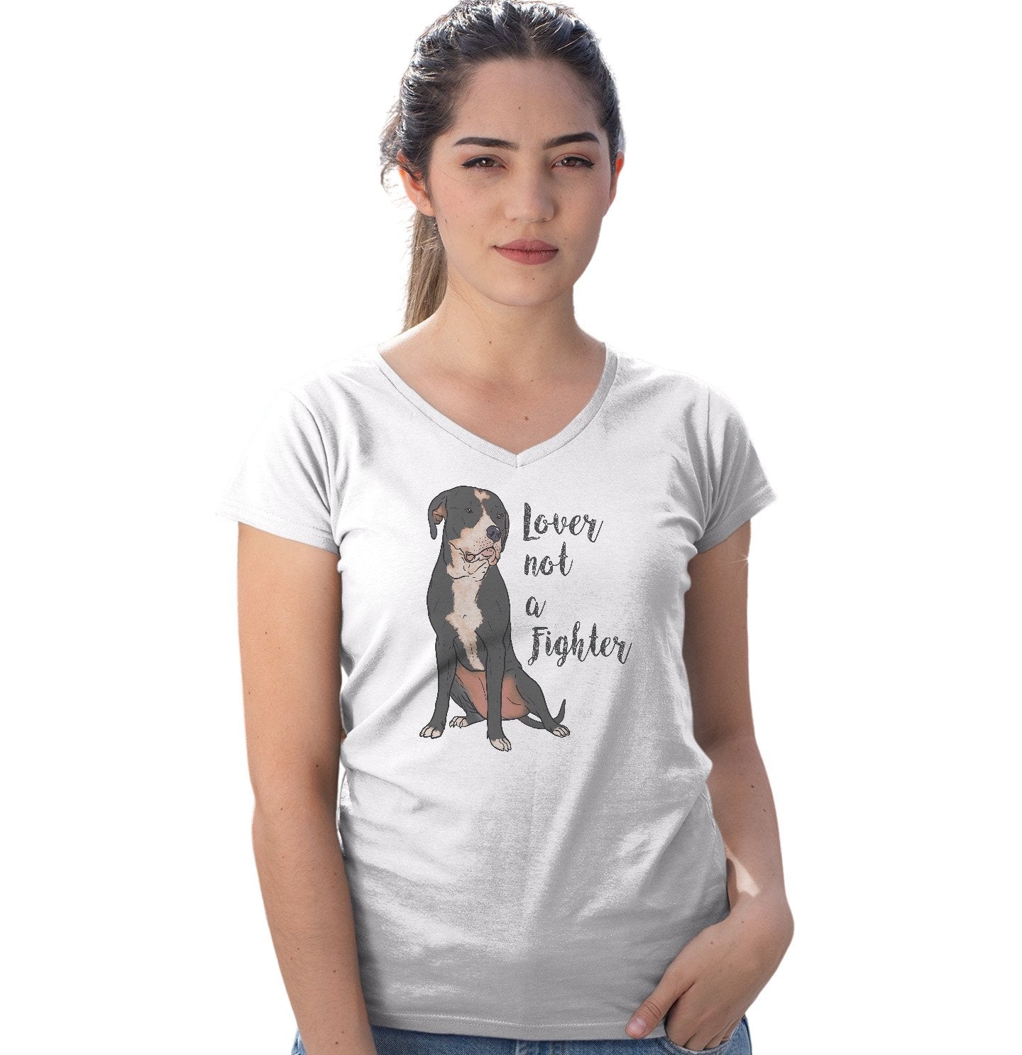 Black & White Pit Bull Lover Not Fighter - Women's V-Neck T-Shirt