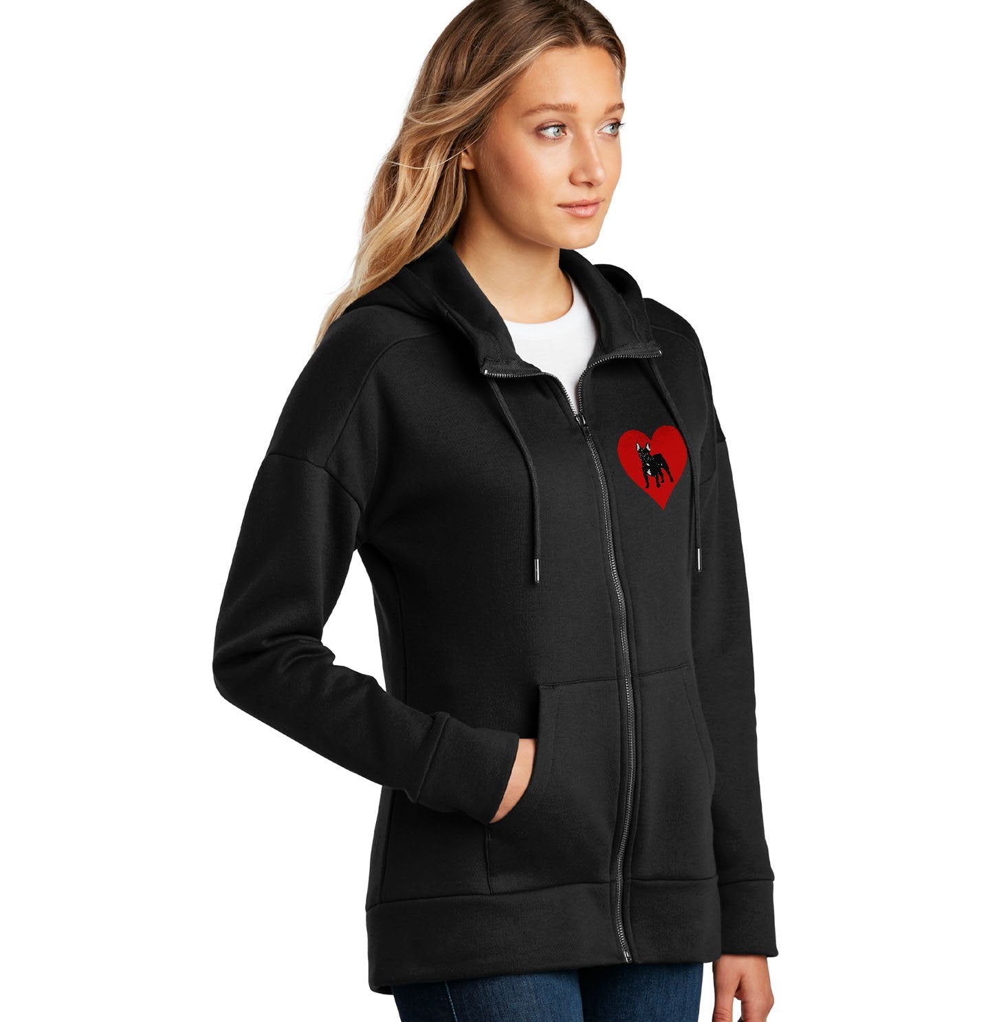 French Bulldog on Heart Left Chest - Women's Full-Zip Hoodie Sweatshirt