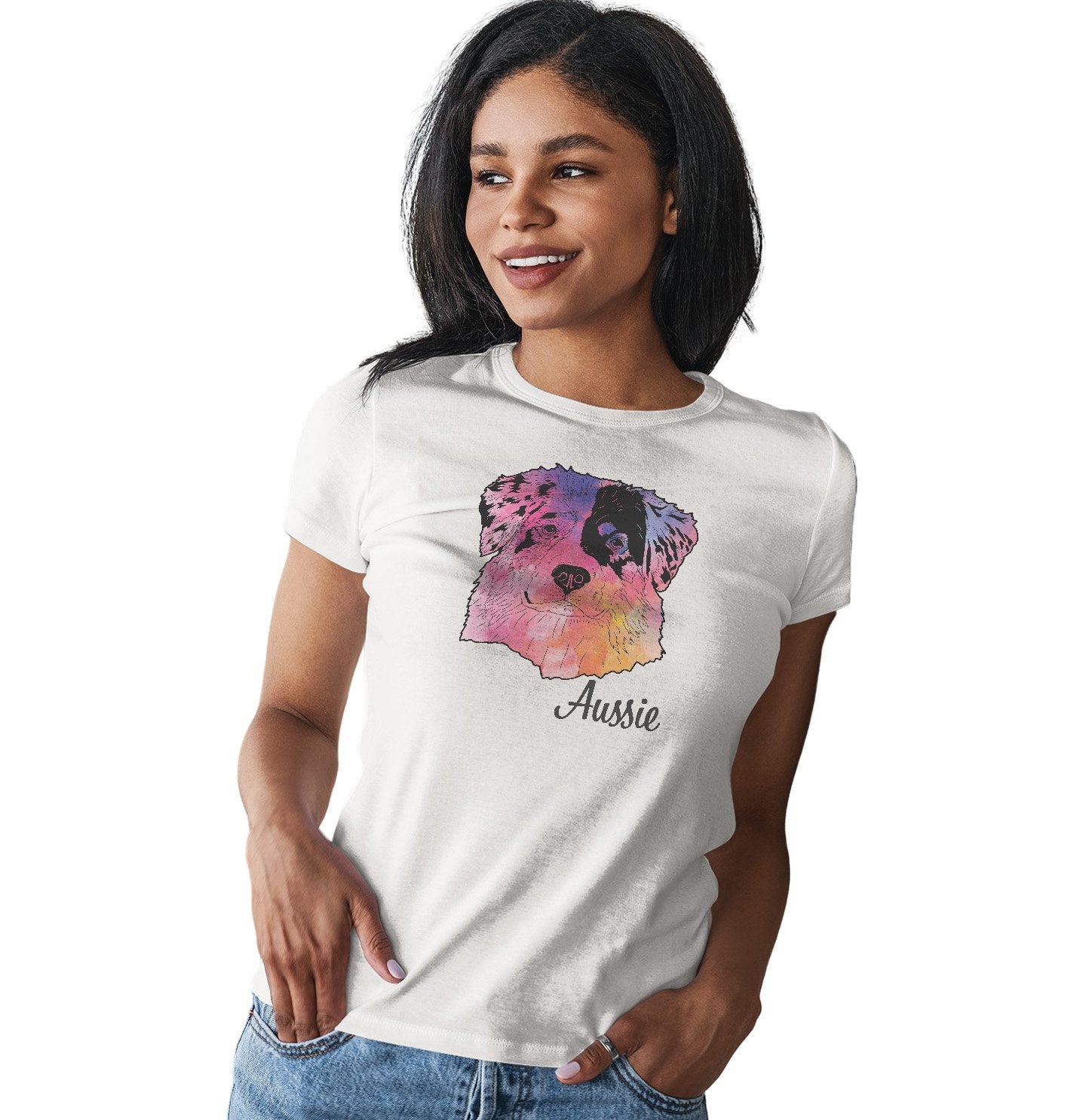 Colorful Australian Shepherd Headshot - Women's Fitted T-Shirt