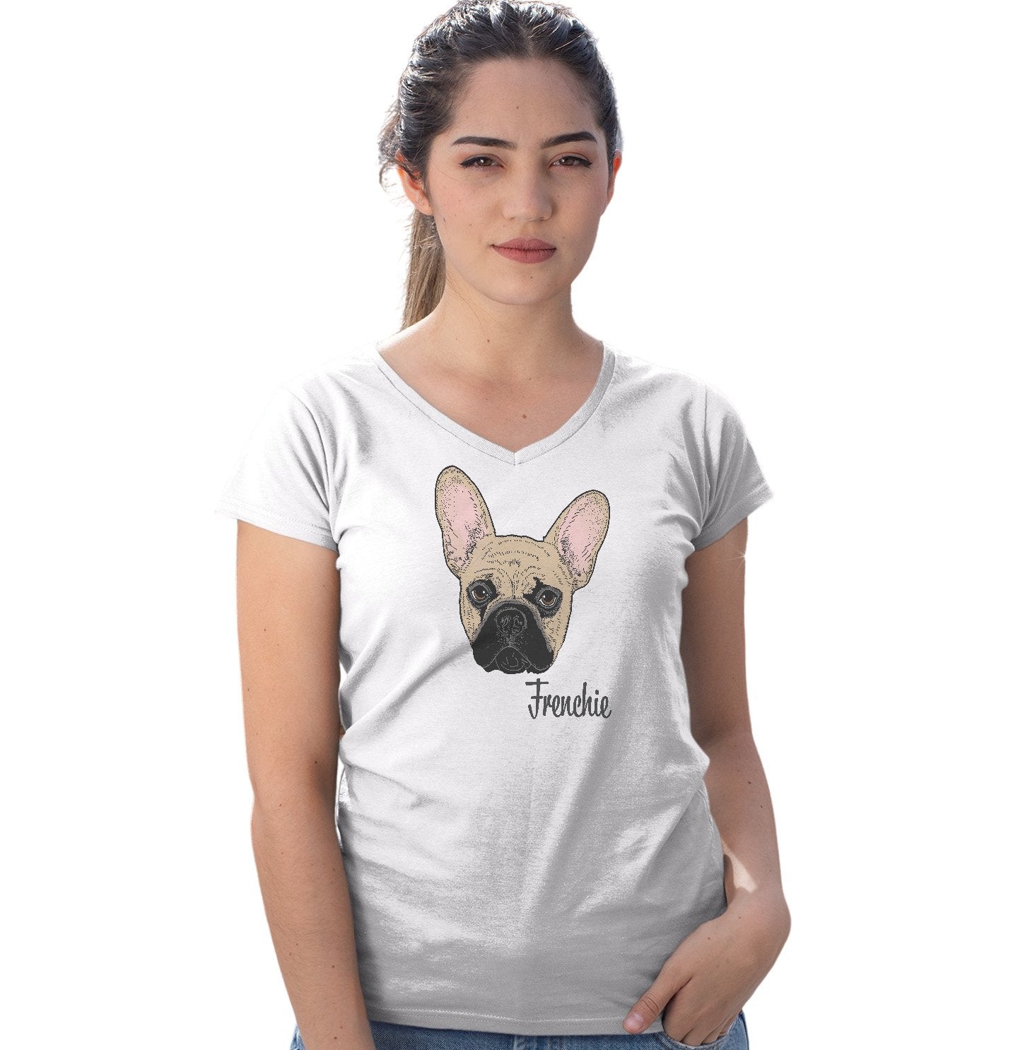 Tan Frenchie Headshot - Women's V-Neck T-Shirt