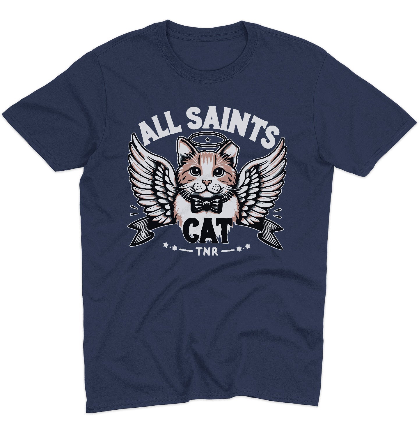 All Saints Cat TNR Logo - Adult Unisex T-Shirt - Red - X-Large - Navy