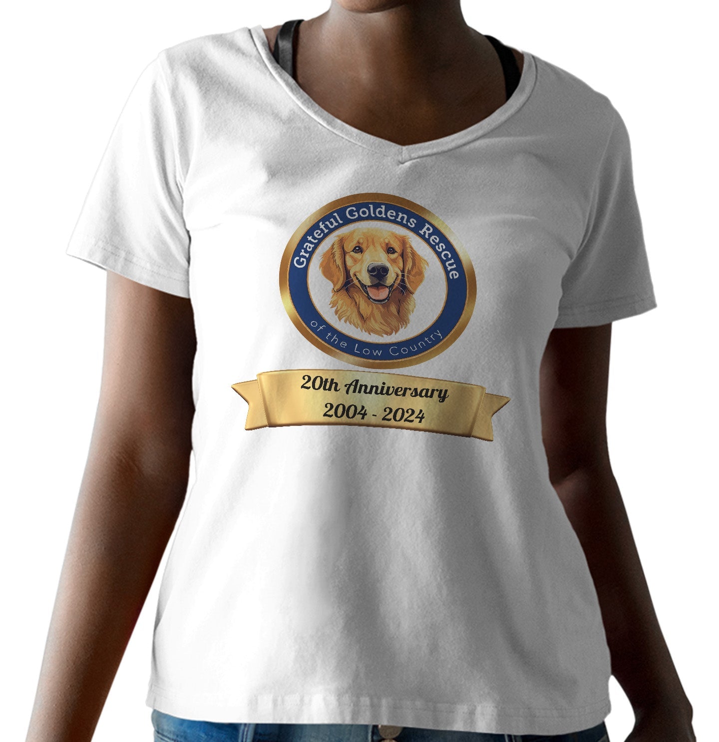 Grateful Golden Rescue 20th Anniversary Logo - Women's V-Neck T-Shirt